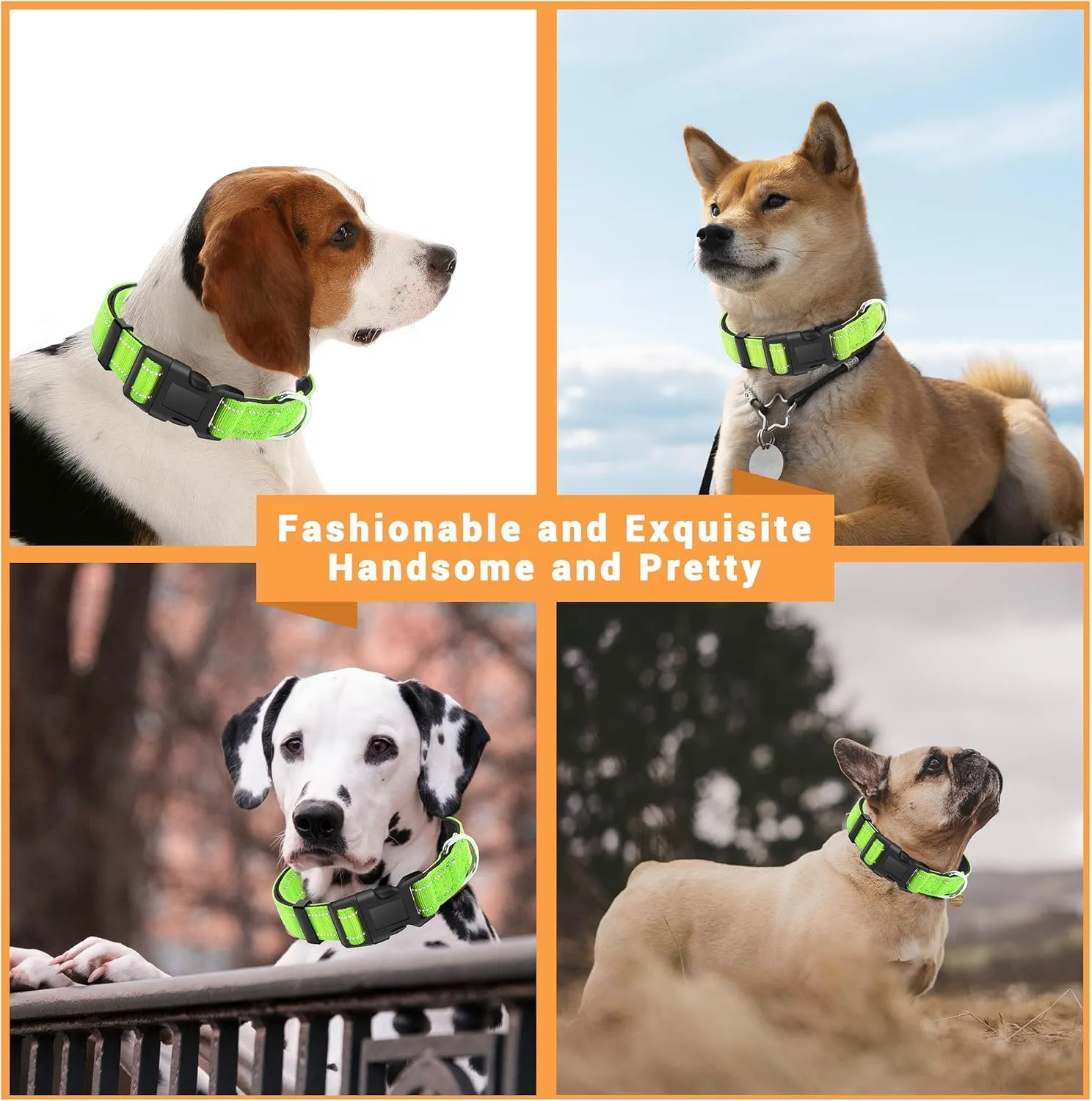 2 Pack Reflective Dog Collar with Safety Locking Buckle, Adjustable Soft Breathable Comfortable Nylon Pet Collar for Small, Medium and Large Dogs, Green, S