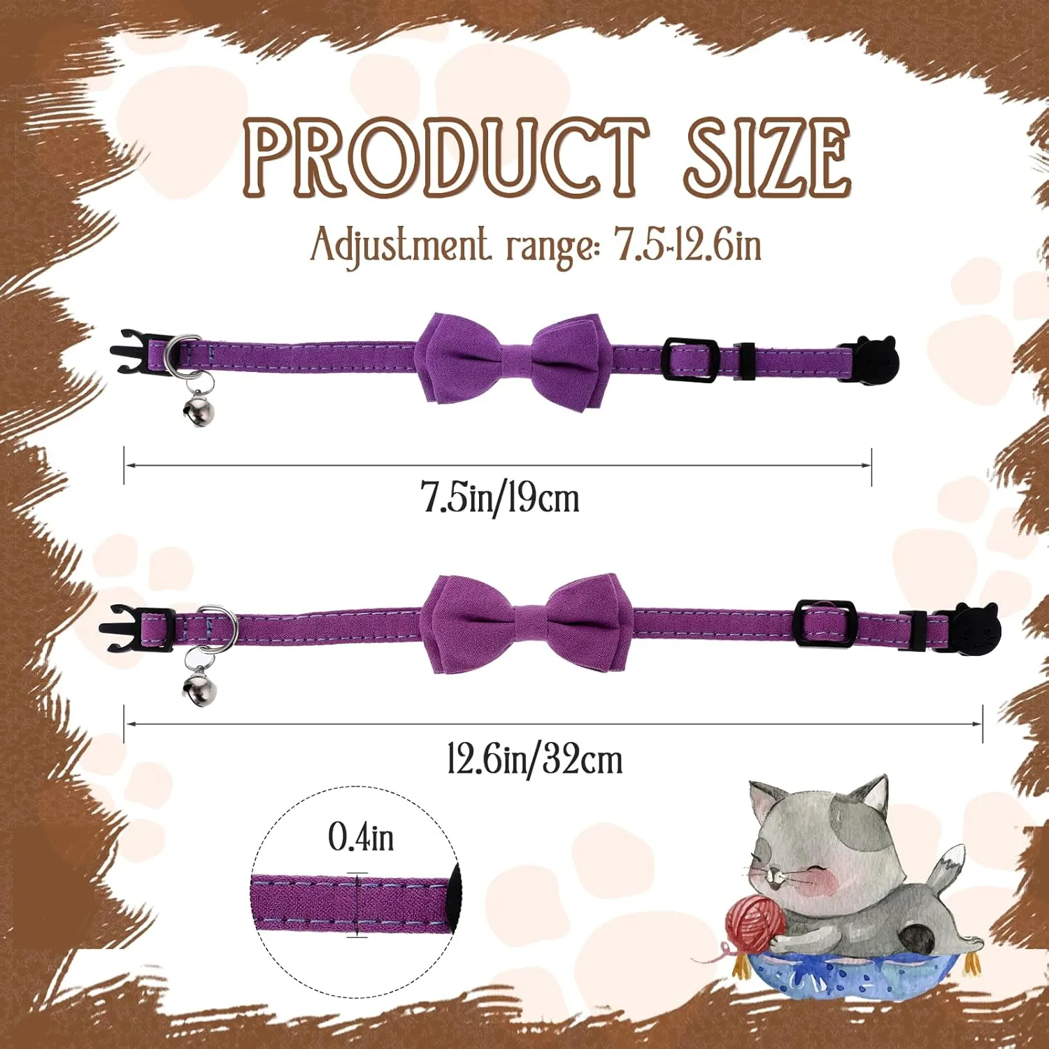 2 Pcs Kitten Collar with Bell Cute Cat Collar for Girl Cats Breakaway Bowtie Cat Collars Adjustable Small Puppy Safety Collar Solid Color Plaid Pet Collar (Purple)