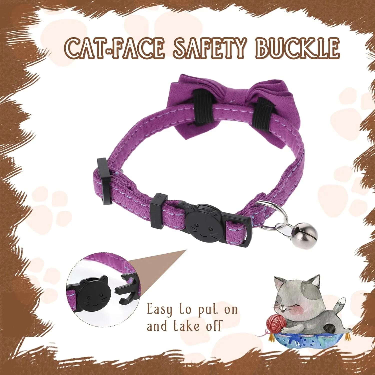 2 Pcs Kitten Collar with Bell Cute Cat Collar for Girl Cats Breakaway Bowtie Cat Collars Adjustable Small Puppy Safety Collar Solid Color Plaid Pet Collar (Purple)