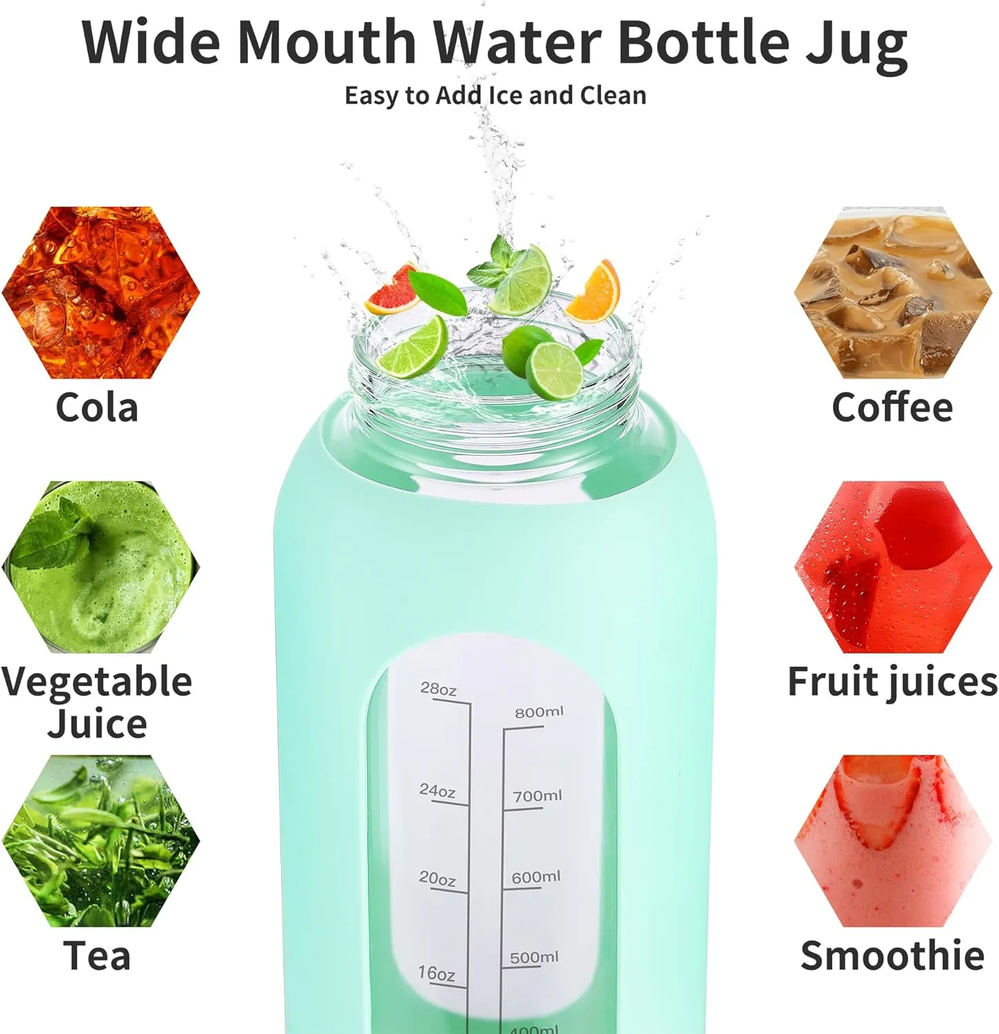 32 oz Glass Water Bottle with Straw and Handle, Sports Motivational Water Flask with Silicone Sleeve, Large Leakproof Water Flask Cup with Time Marker for Travel, Gym, Purple