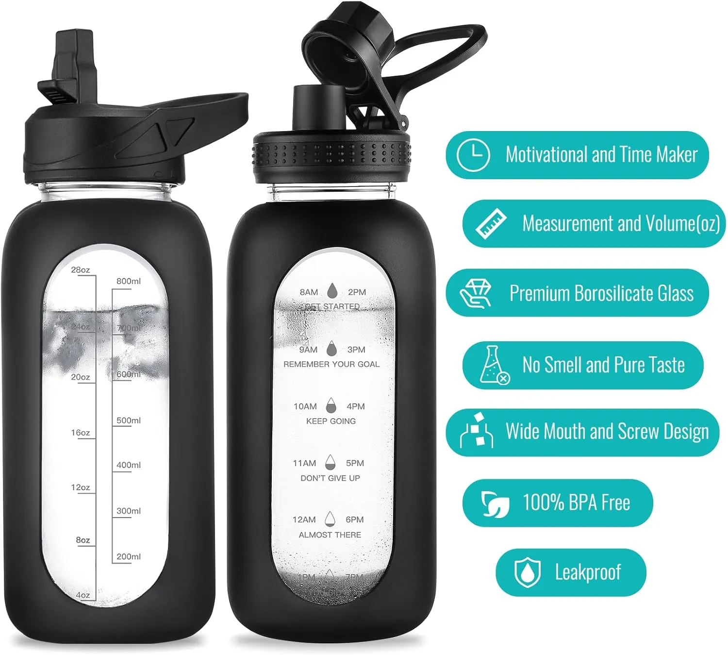 32 oz Glass Water Bottle with Straw and Handle, Sports Motivational Water Flask with Silicone Sleeve, Large Leakproof Water Flask Cup with Time Marker for Travel, Gym, Purple