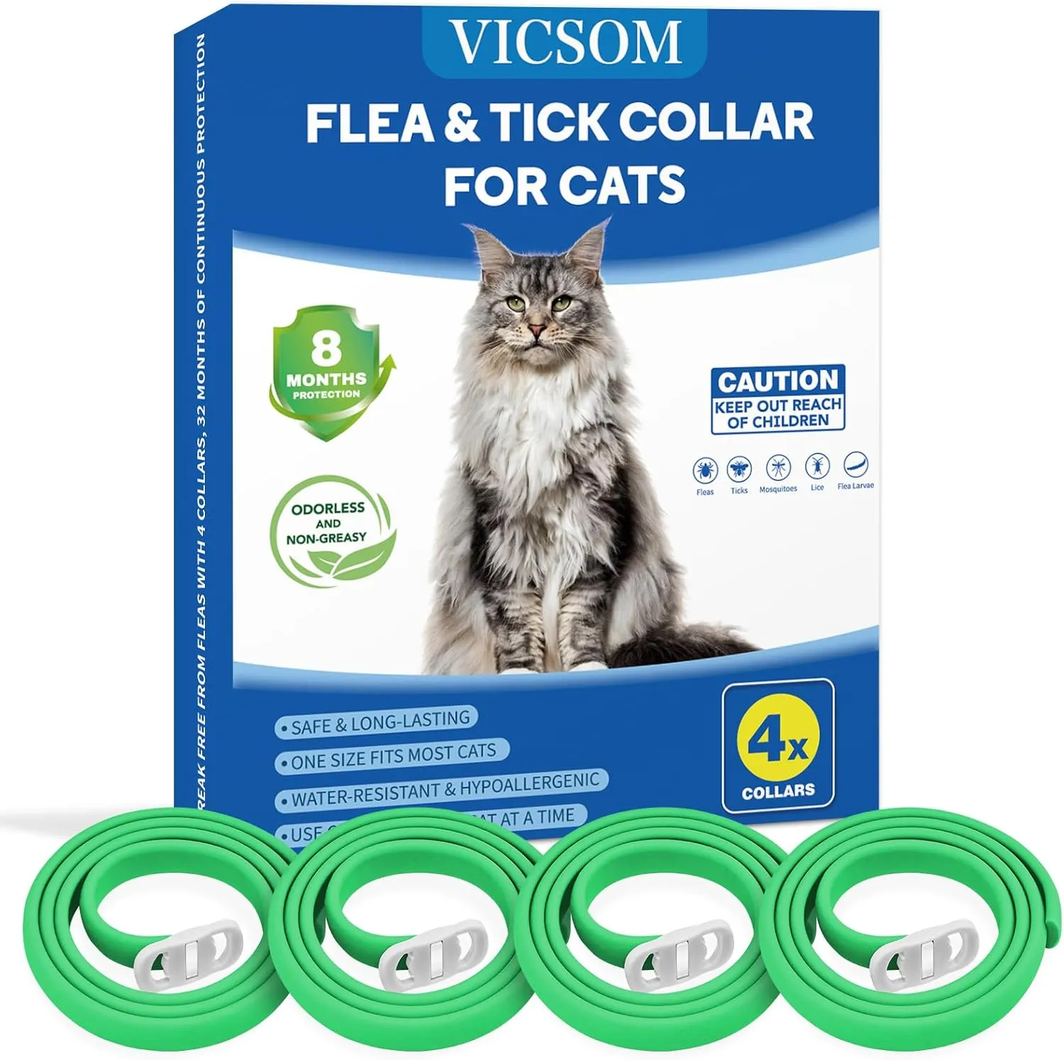 4 Pack Flea Collar for Cats, Cat Flea and Tick Collar 8 Months Prevention Cat Flea and Tick Treatment, Waterproof Adjustable Cat Flea Collar, Natural Anti Tick and Flea Collar for Kitten, Green