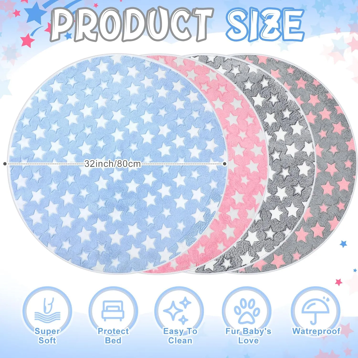 4 Pcs Round Whelping Pee Pads Washable for Dogs Waterproof Pet Training Mats Reusable Puppy Whelping Pads Non Slip Cat Dog Bed Mat for Crate Kennel(Large Star,32 Inches)