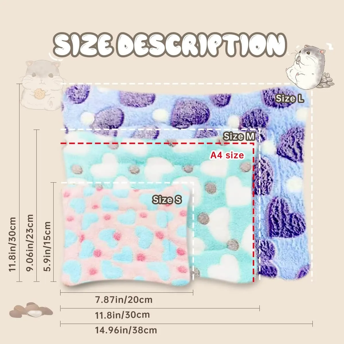 4 Pieces Guinea Pig Bunny Comfortable Bed Mats Pads, Rabbit Warm Soft Bed, Hamster Bedding Pad Mats for Small Animals Chinchilla Hedgehog Baby Cats (11.8"x9.1", 1.Hearts Pattern)