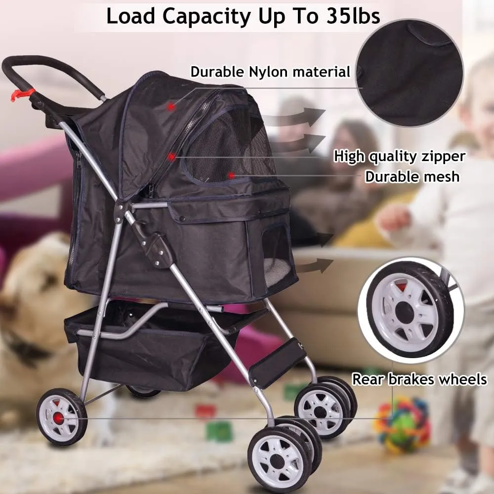 4 Wheel Pet Stroller Cat Dog Cage Stroller Travel Folding Carrier with Cup Holder and Removable Lining for Small and Medium Dogs, Cats (Black)