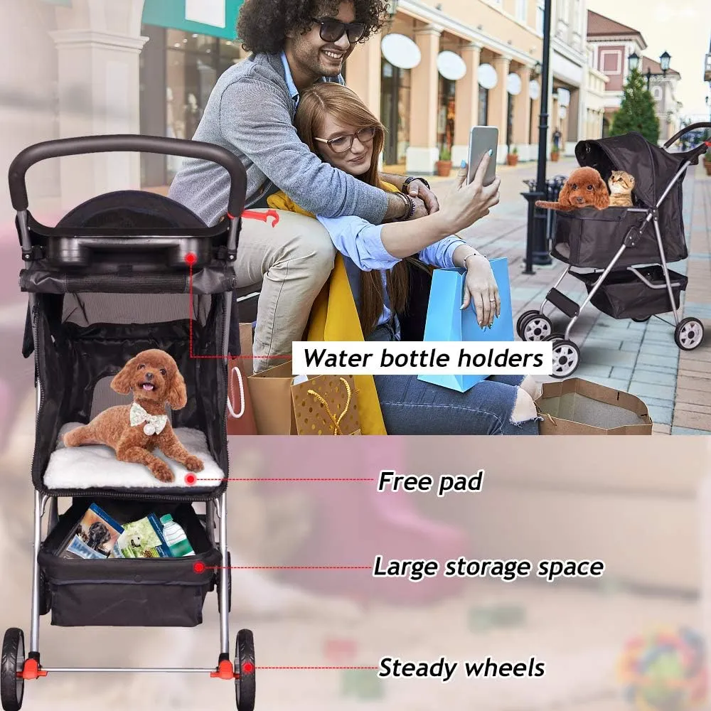 4 Wheel Pet Stroller Cat Dog Cage Stroller Travel Folding Carrier with Cup Holder and Removable Lining for Small and Medium Dogs, Cats (Black)