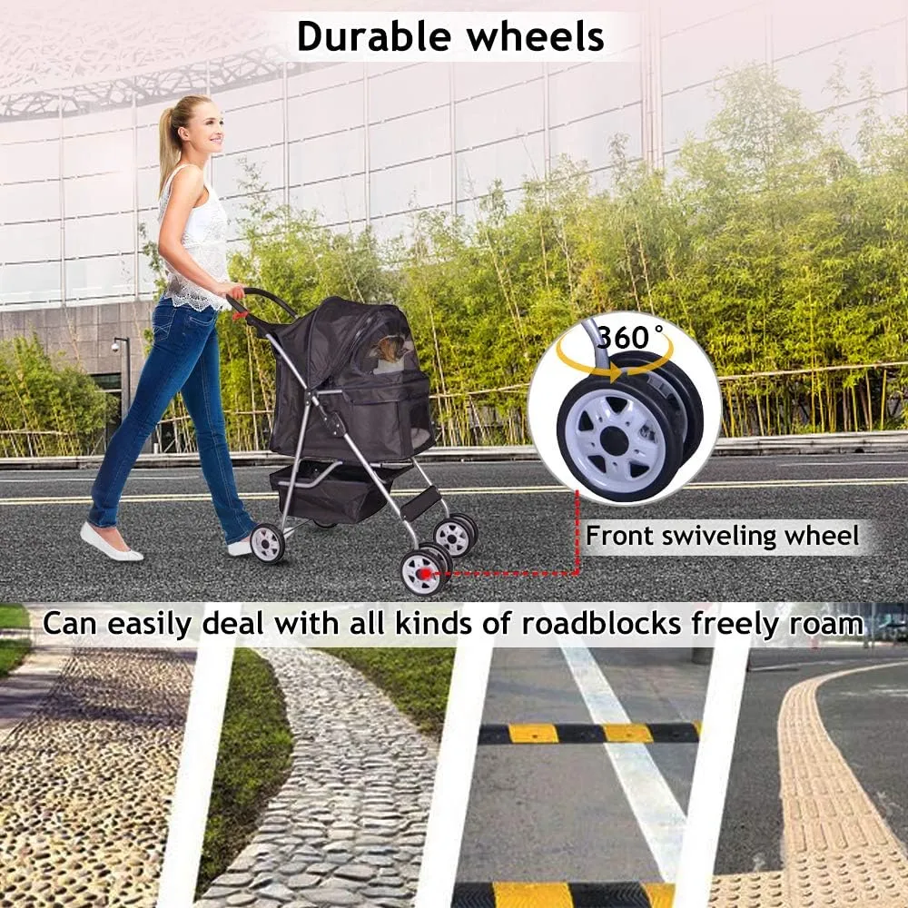 4 Wheel Pet Stroller Cat Dog Cage Stroller Travel Folding Carrier with Cup Holder and Removable Lining for Small and Medium Dogs, Cats (Black)