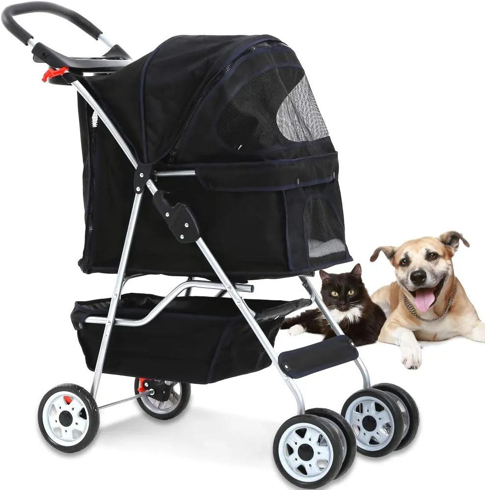 4 Wheel Pet Stroller Cat Dog Cage Stroller Travel Folding Carrier with Cup Holder and Removable Lining for Small and Medium Dogs, Cats (Black)
