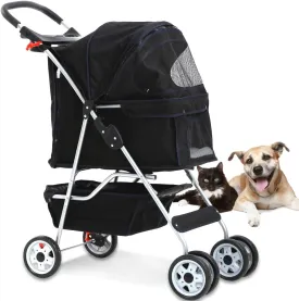 4 Wheel Pet Stroller Cat Dog Cage Stroller Travel Folding Carrier with Cup Holder and Removable Lining for Small and Medium Dogs, Cats (Black)