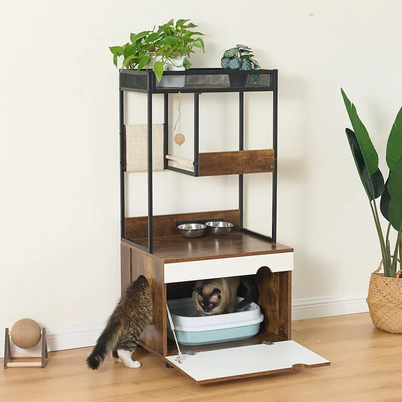 48" Vintage Cat Litter Box Enclosures with Scratching Pads, Shelves & Doors