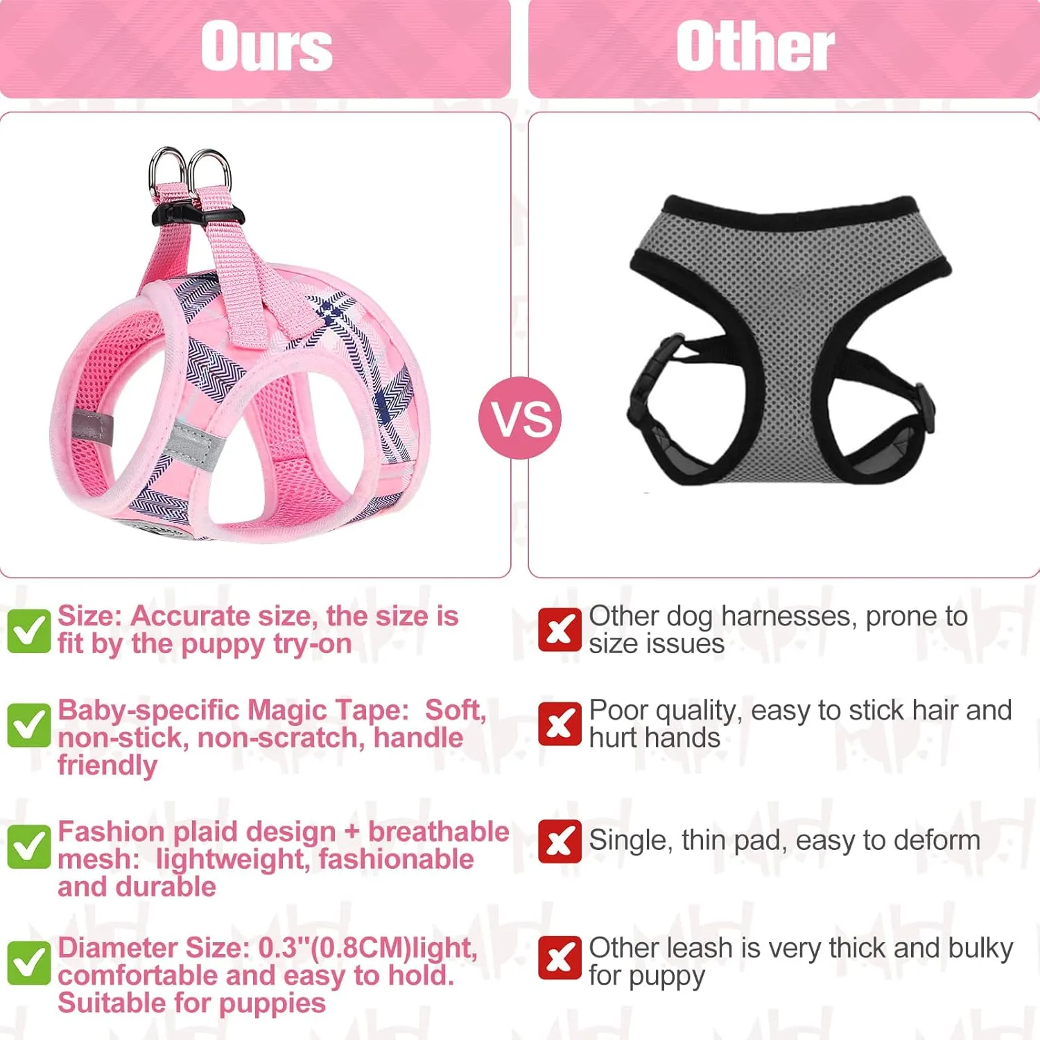 BEAUTYZOO Small Dog Harness and Leash Set,Step in No Choke No Pull Soft Mesh Dog Harnesses Reflective for Extra-Small Medium Puppy Dogs and Cats, Plaid Dog Vest Harness for XS S Pets, Pink XS