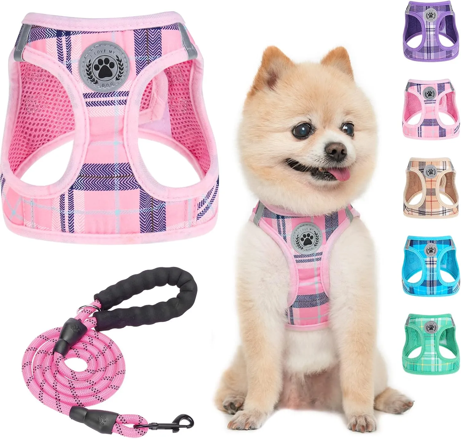 BEAUTYZOO Small Dog Harness and Leash Set,Step in No Choke No Pull Soft Mesh Dog Harnesses Reflective for Extra-Small Medium Puppy Dogs and Cats, Plaid Dog Vest Harness for XS S Pets, Pink XS