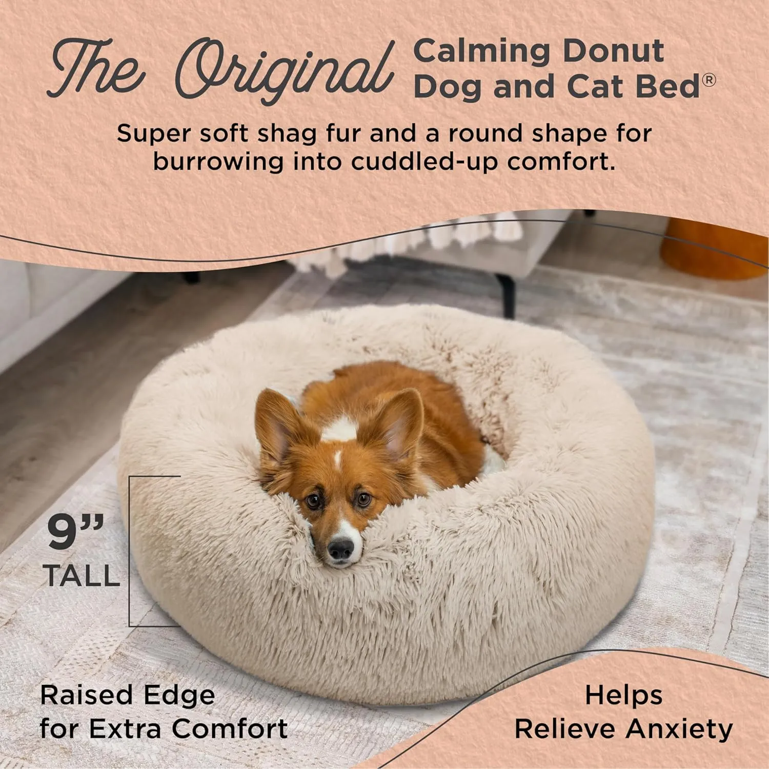 Best Friends by Sheri Original Calming Donut Dog and Cat Bed, Shag Faux Fur, Oyster, Medium (30x30) - Helps Provide Anxiety Relief for Pets