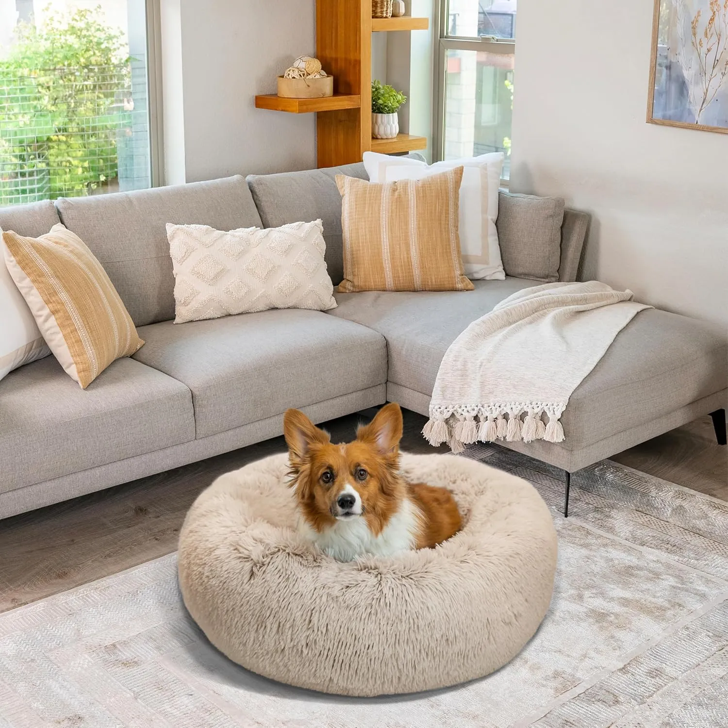 Best Friends by Sheri Original Calming Donut Dog and Cat Bed, Shag Faux Fur, Oyster, Medium (30x30) - Helps Provide Anxiety Relief for Pets