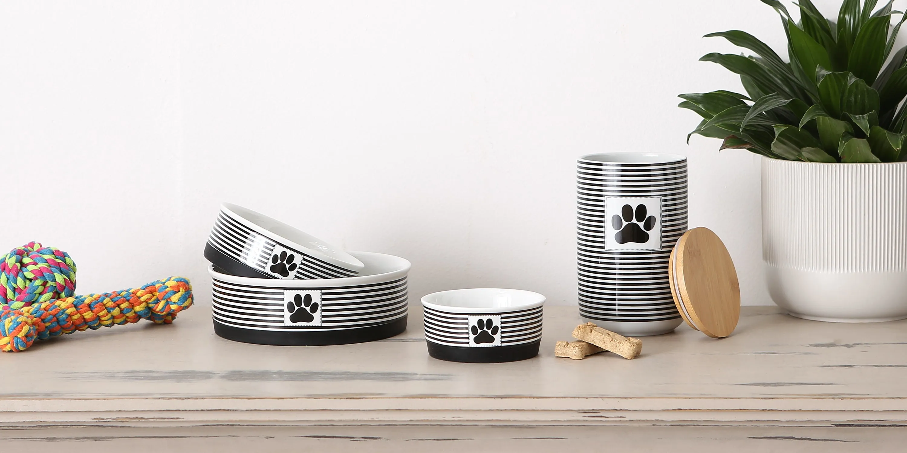 Black Striped Paw Patch Pet Bowl Set of 2, Small - 3/4 C Capacity