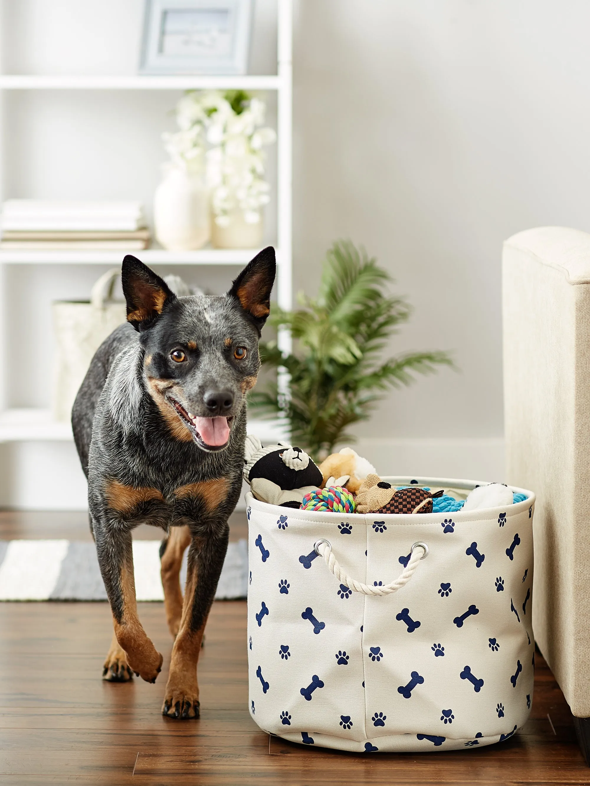 Bone Dry Collapsible Pet Storage Bin, Paw/Bone Print, Nautical Blue, Medium Round -12x15x15"