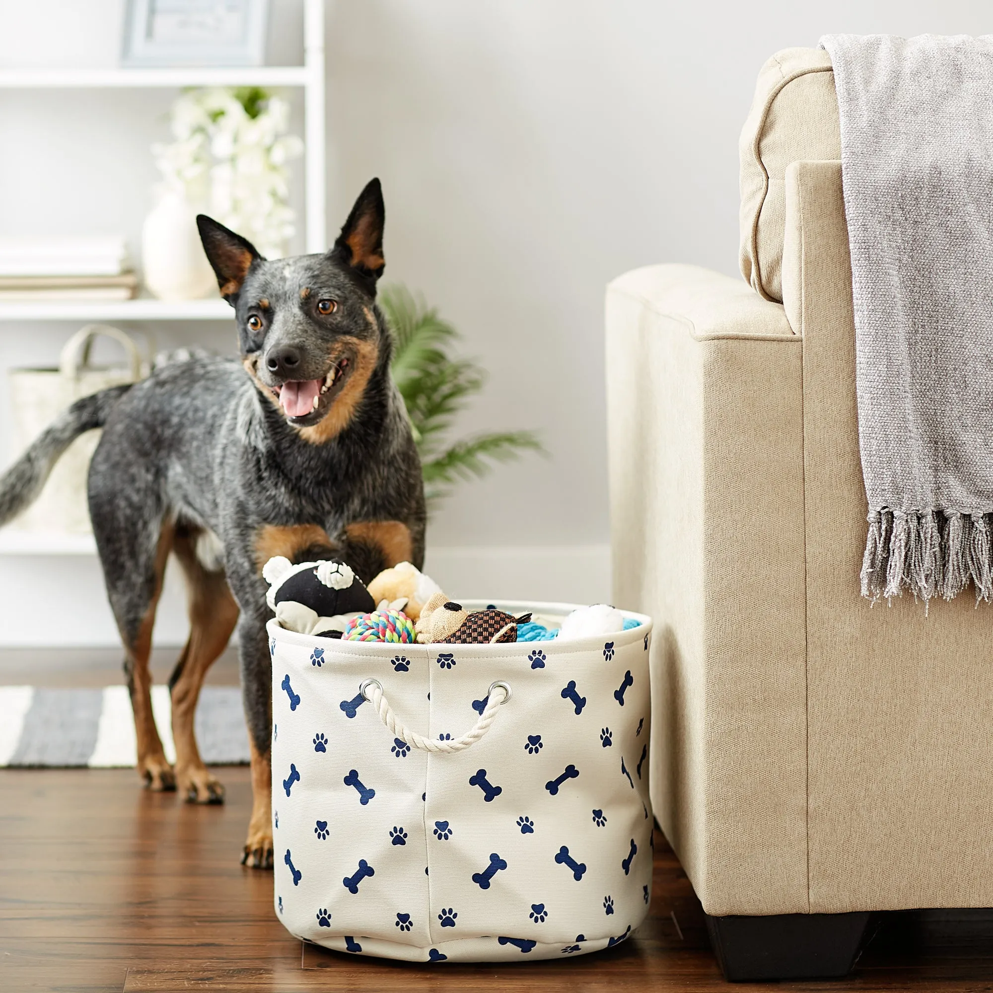 Bone Dry Collapsible Pet Storage Bin, Paw/Bone Print, Nautical Blue, Medium Round -12x15x15"