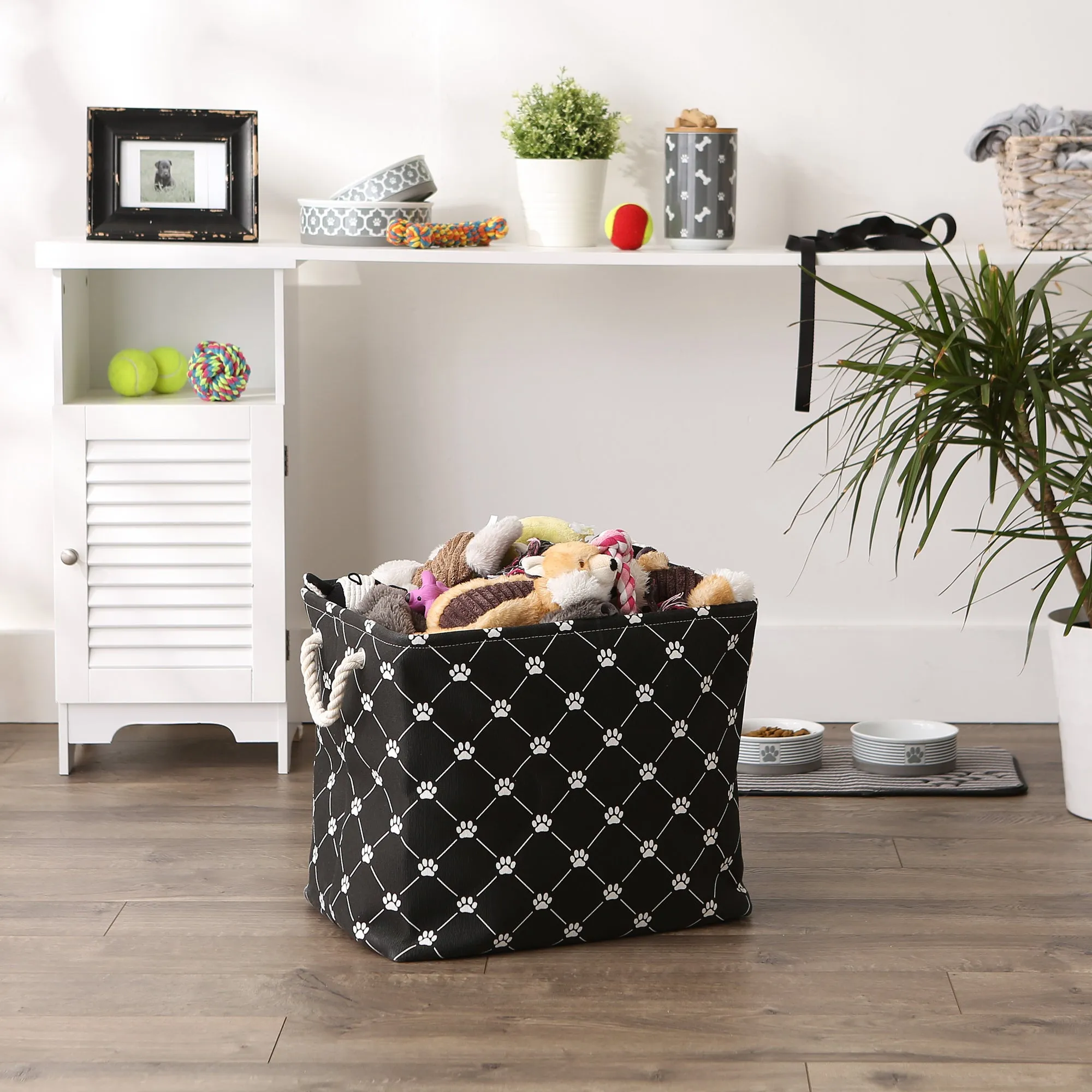 Bone Dry Collapsible Pet Storage Bin, Trellis Paw Print, Black, Large - 17.5x12x15"