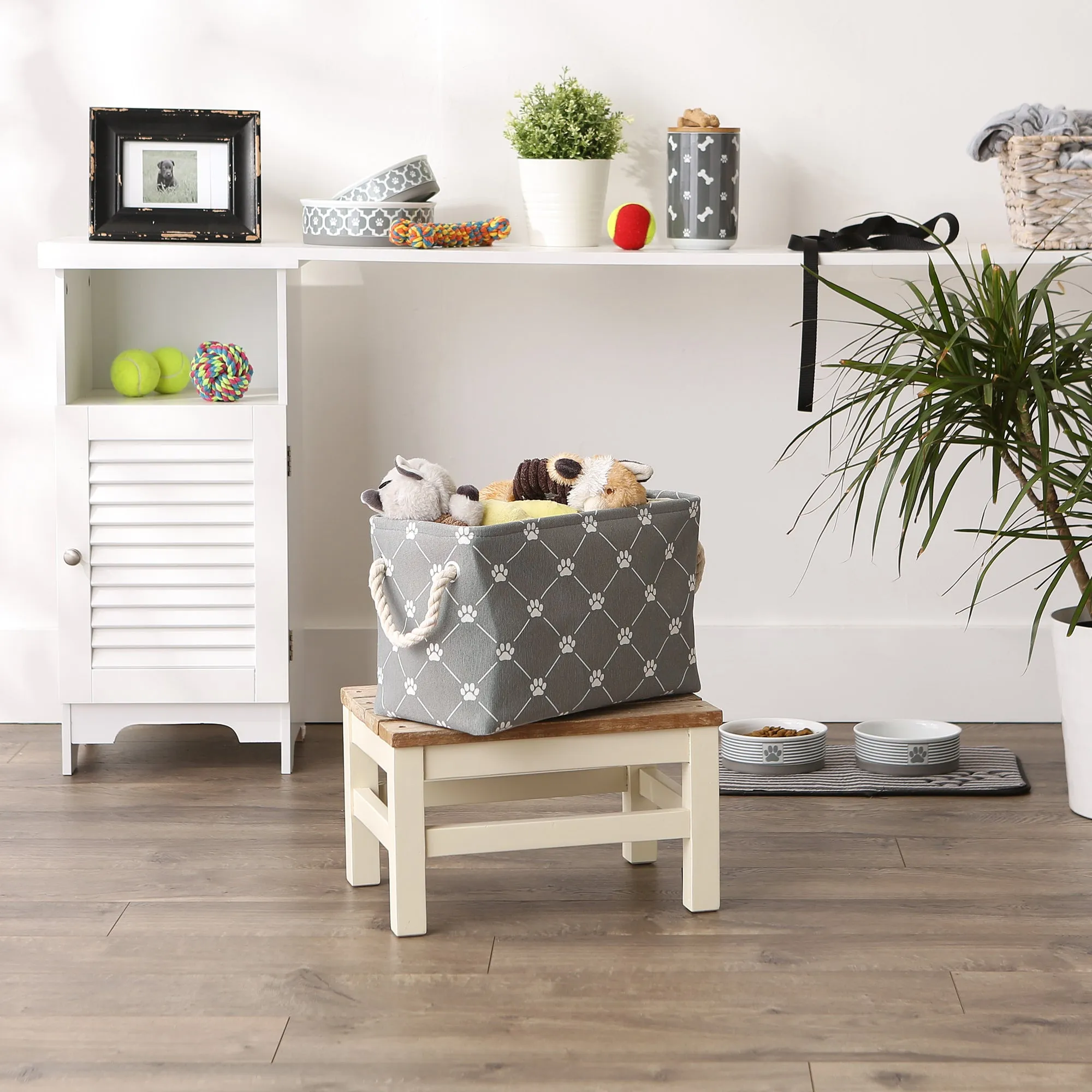 Bone Dry Collapsible Pet Storage Bin, Trellis Paw Print, Gray, Small - 14x8x9"