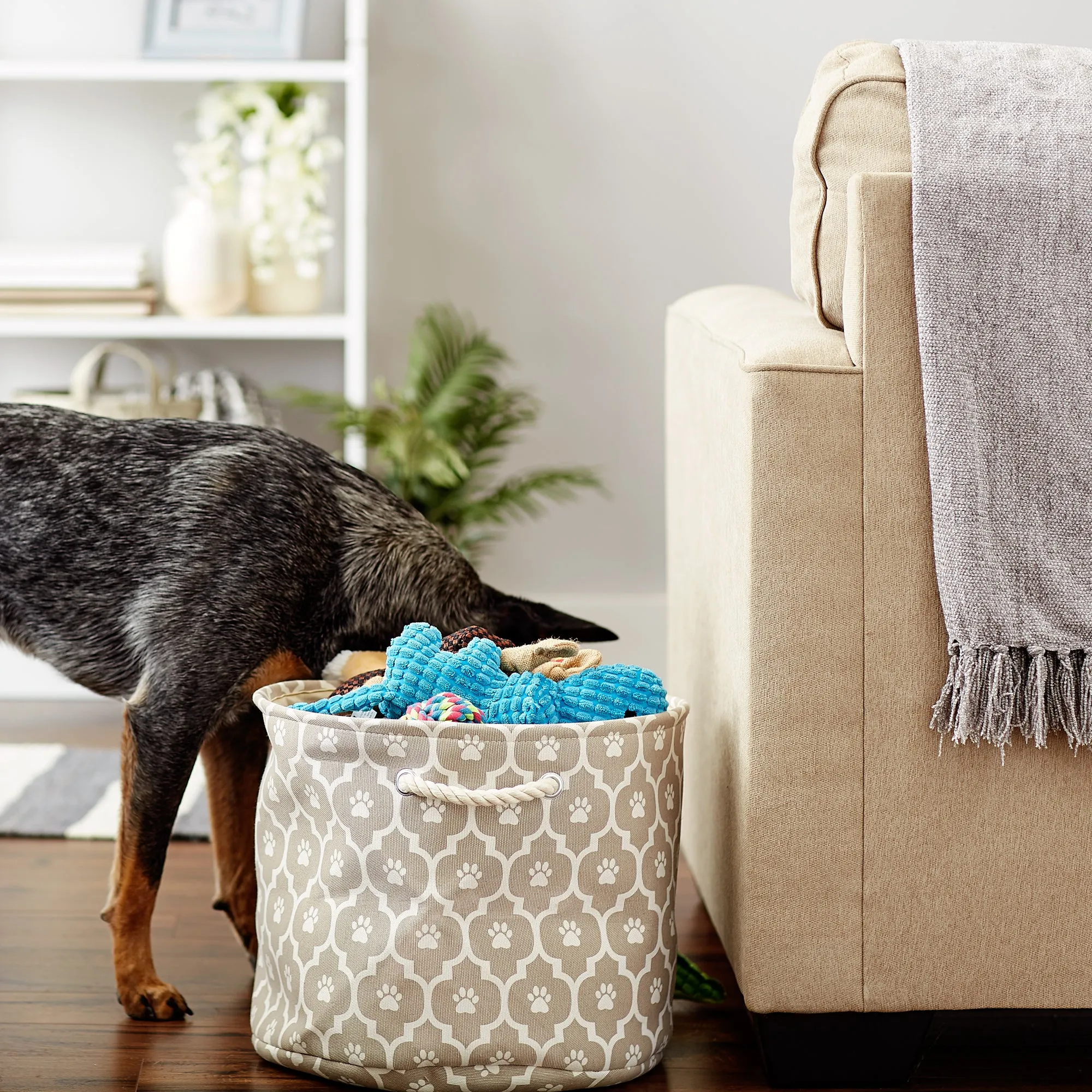 Bone Dry Pet Storage Bin, Lattice Paw Print, Stone, Medium Round - 15x12"