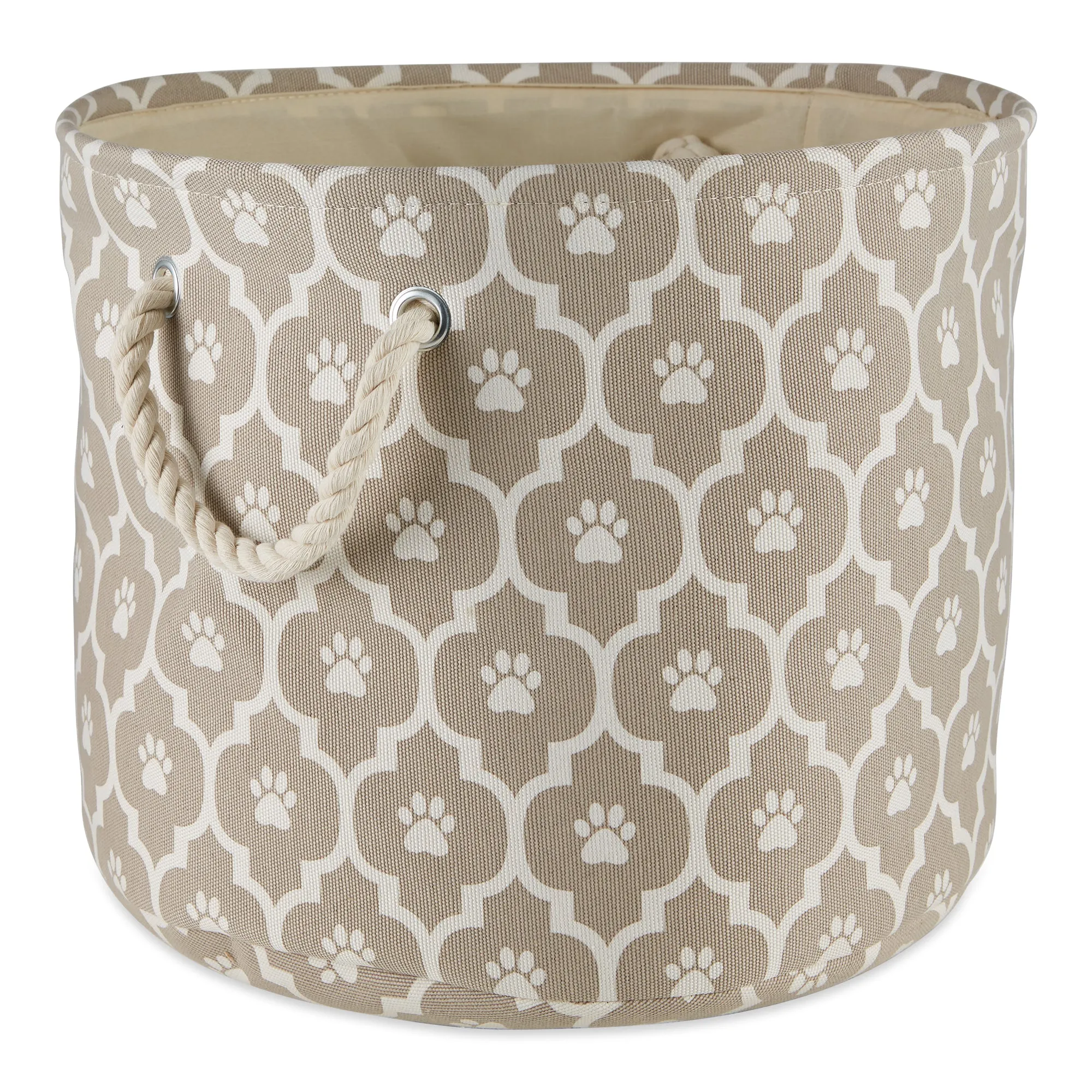 Bone Dry Pet Storage Bin, Lattice Paw Print, Stone, Medium Round - 15x12"