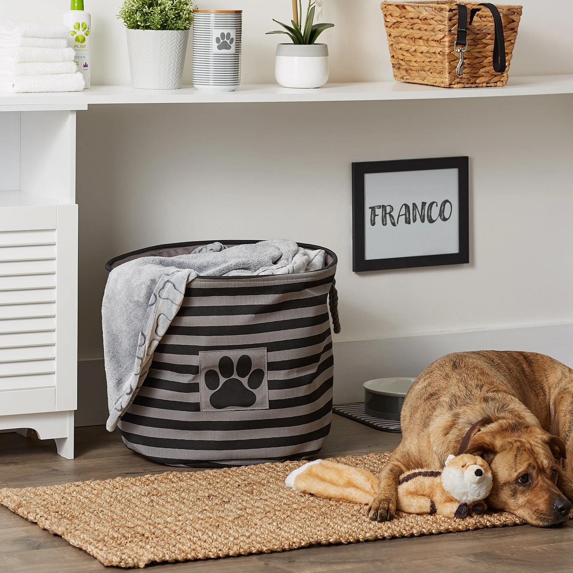 Bone Dry Pet Storage Bin, Striped Paw Patch, Black, Large Round, 18x15"