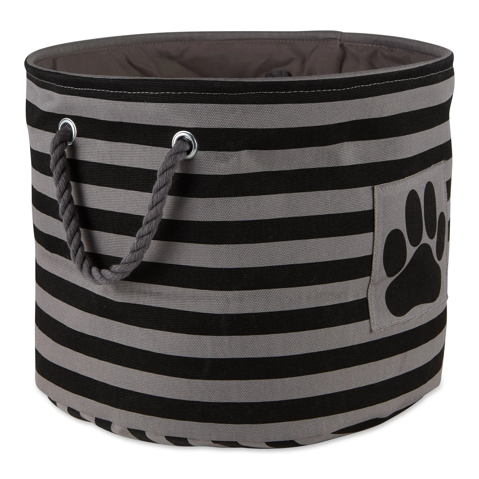 Bone Dry Pet Storage Bin, Striped Paw Patch, Black, Large Round, 18x15"