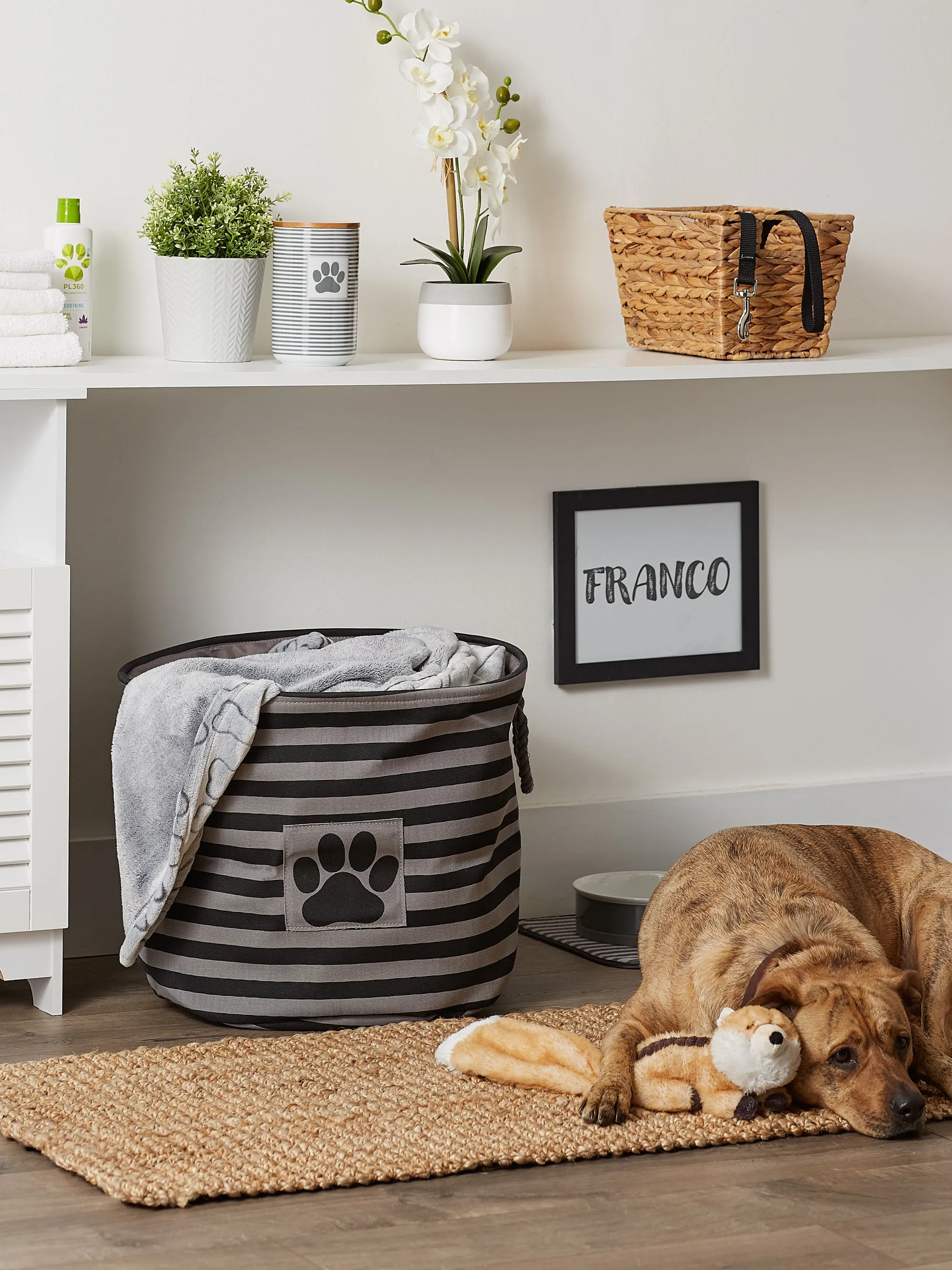 Bone Dry Pet Storage Bin, Striped Paw Patch, Black, Large Round, 18x15"