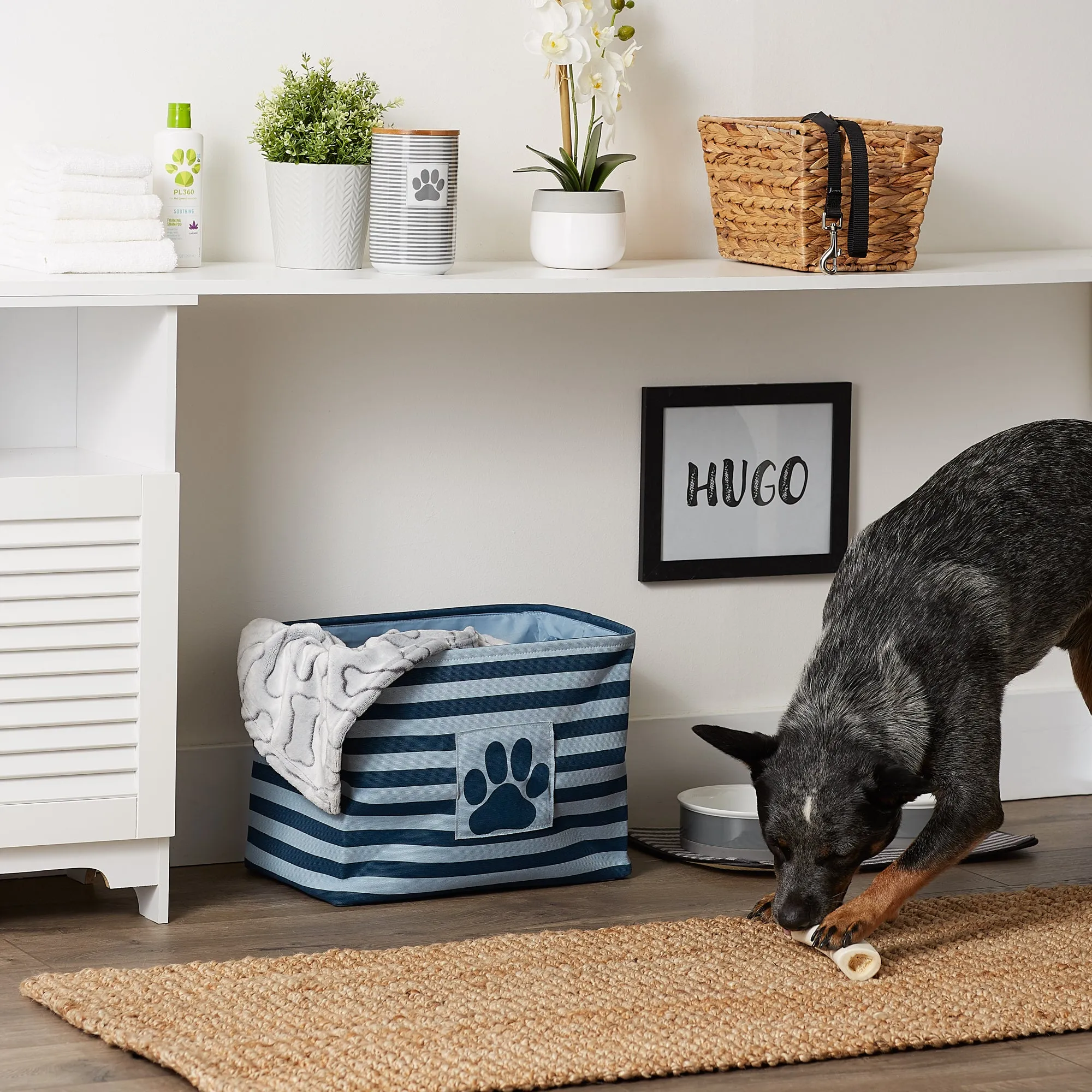 Bone Dry Pet Storage Bin, Striped Paw Patch, Dark Navy, Medium - 16x10x12"