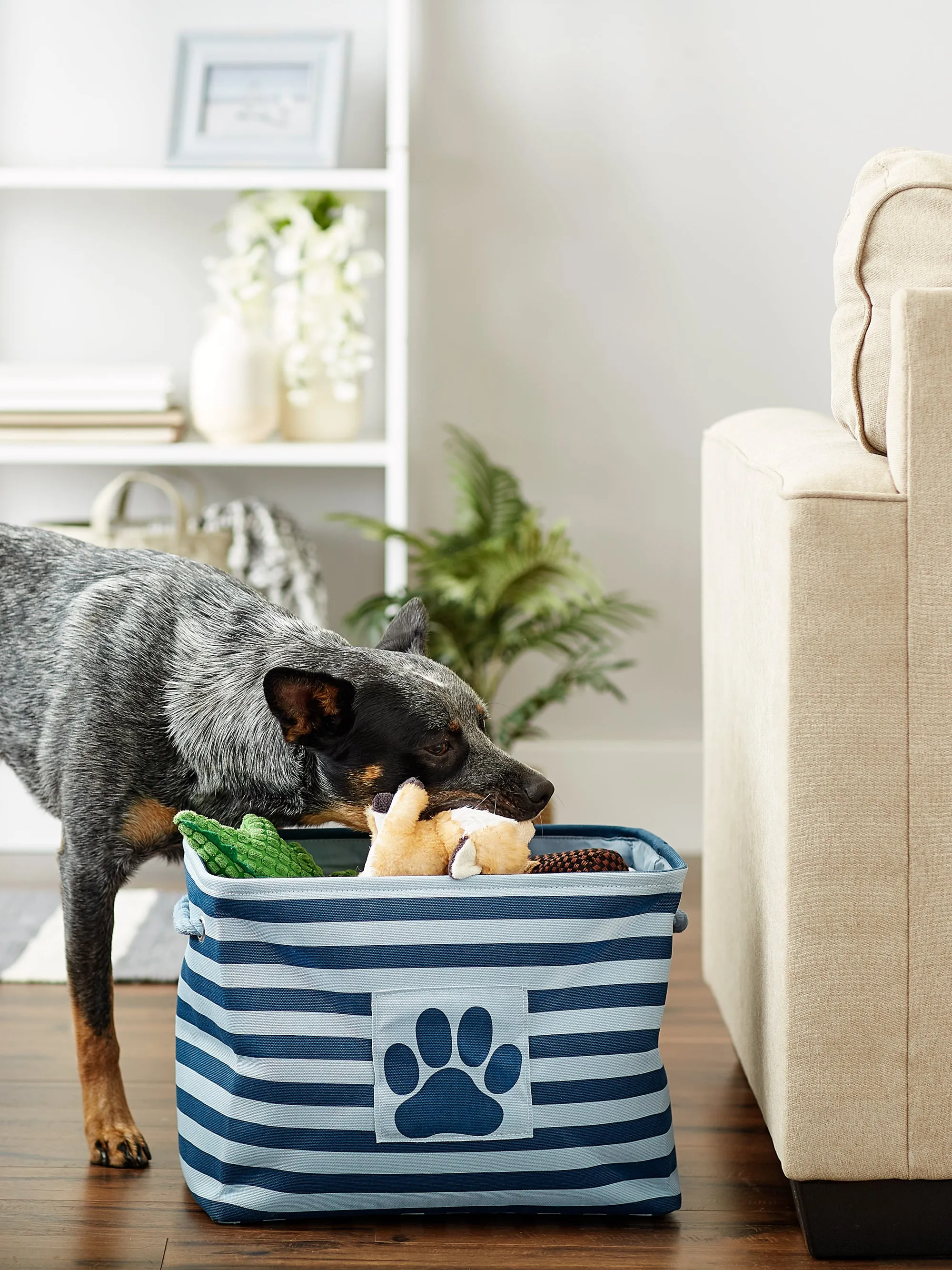 Bone Dry Pet Storage Bin, Striped Paw Patch, Dark Navy, Medium - 16x10x12"