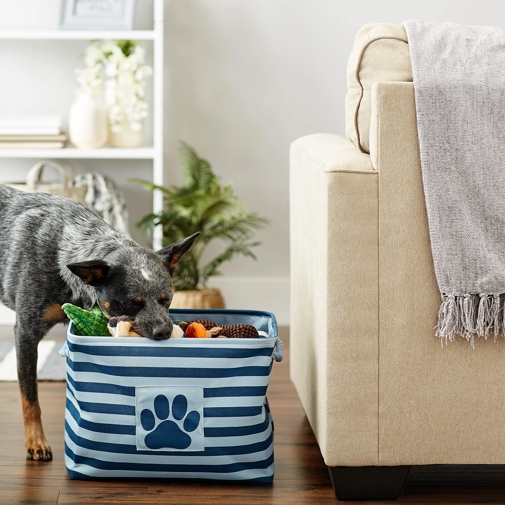 Bone Dry Pet Storage Bin, Striped Paw Patch, Dark Navy, Medium - 16x10x12"