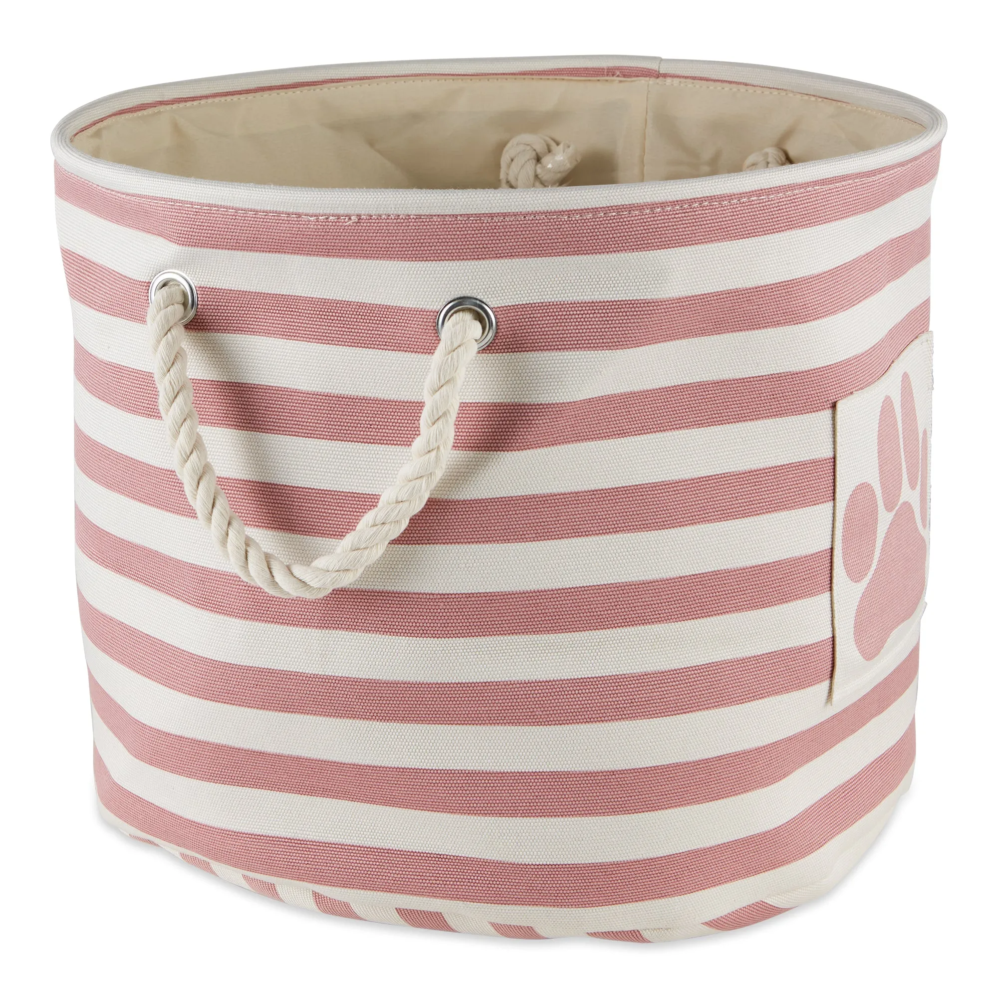 Bone Dry Pet Storage Bin, Striped Paw Patch, Rose, Small Round, 12x9"