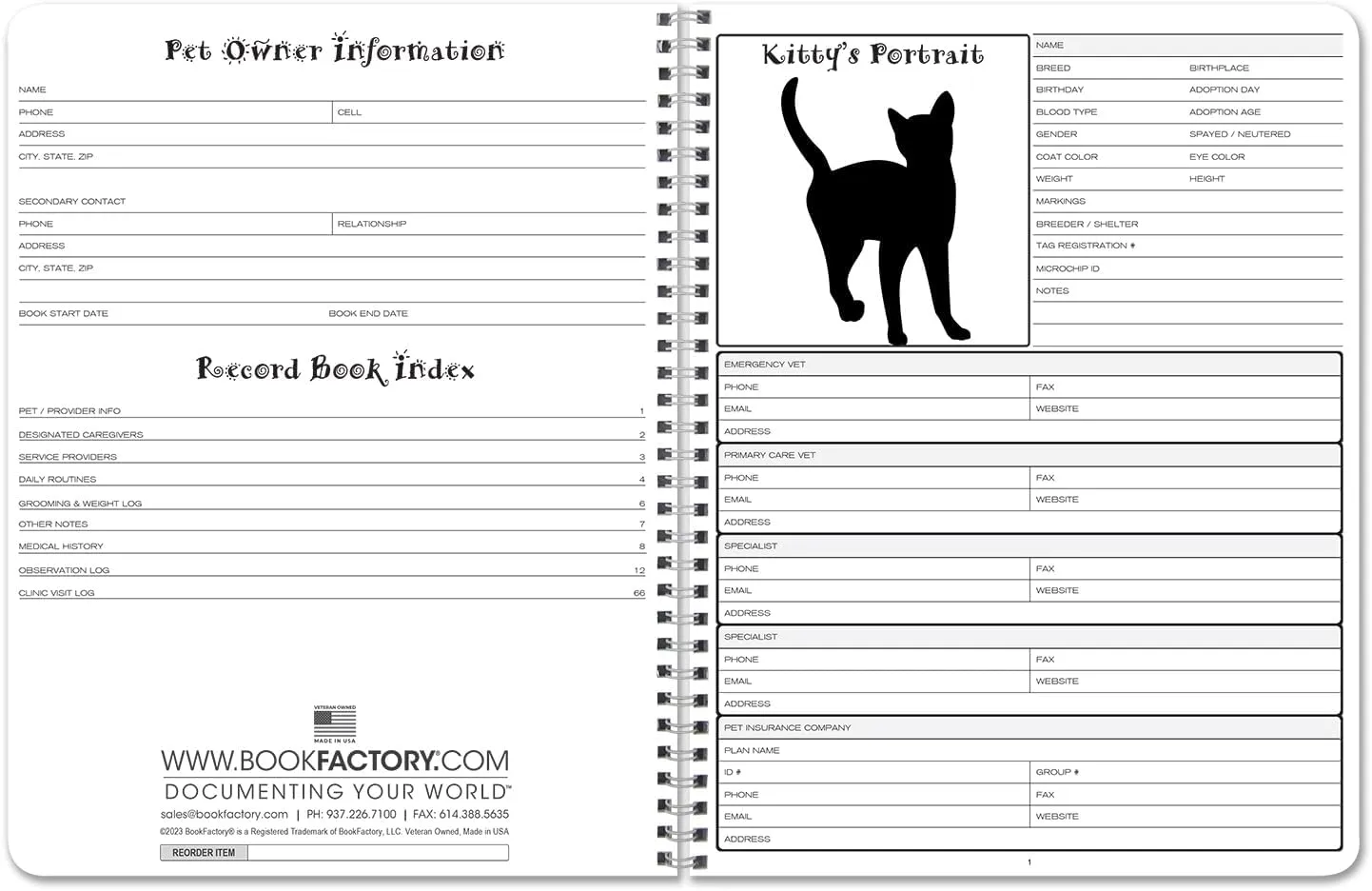 BookFactory Cat Journal/Cats Health Record Book/Vet LogBook/Health Notebook/Pet Medical History Log Tracker - 100 Pages, 8.5'' x 11'', Wire-O (JOU-100-7CW-PP(Cat-Health))