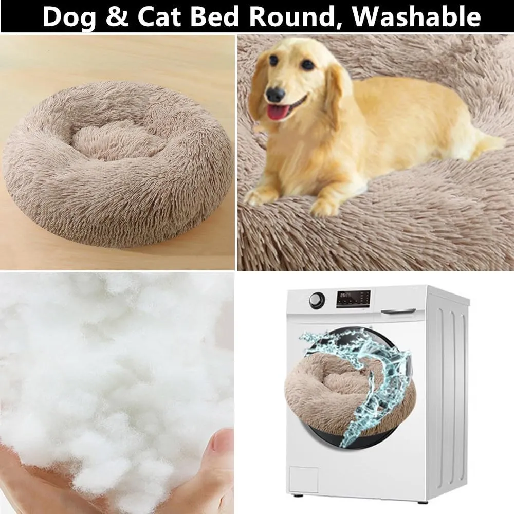 Calming Small Dog Bed & Cat Bed, 16 Inch Donut Fluffy Anti-Anxiety Round Bed Washable Cute Bed, Cuddler Warming Cozy Soft Bed, Plush Cushion Bed for Small Medium Dogs and Cats (Bright Pink)