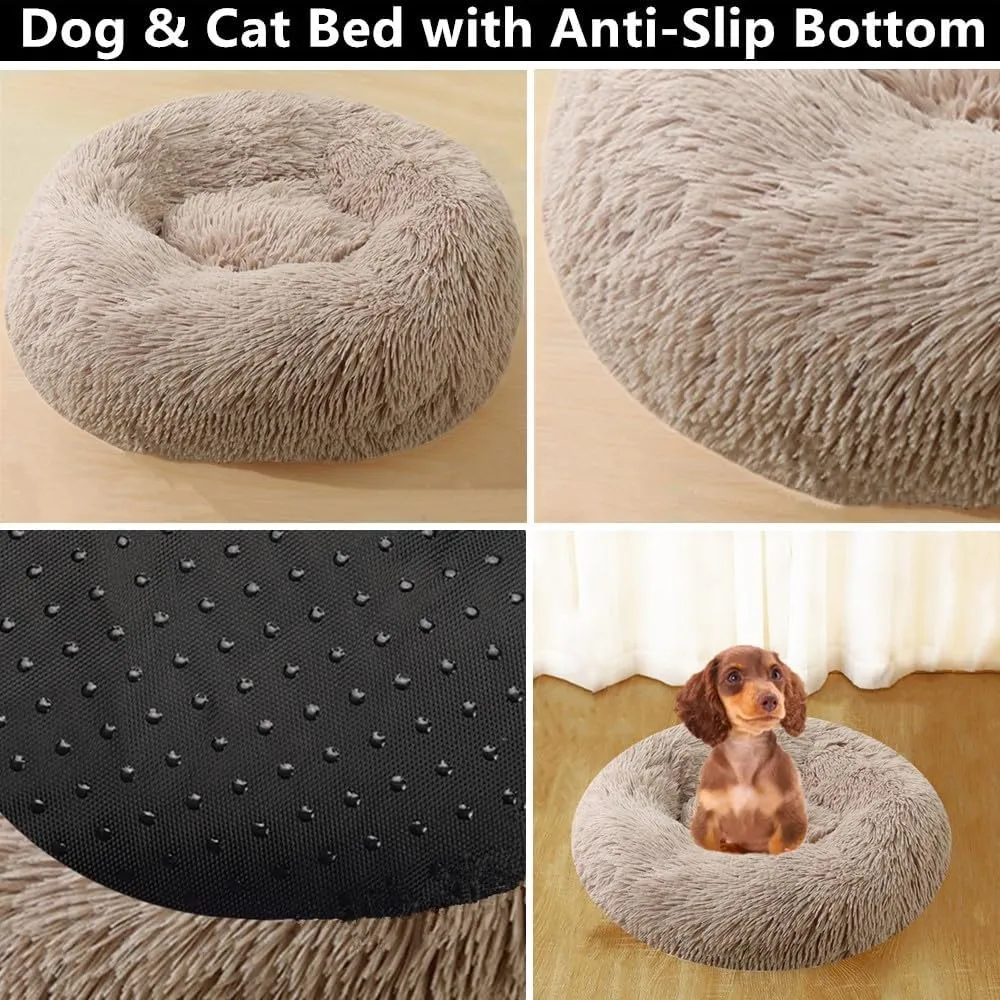 Calming Small Dog Bed & Cat Bed, 16 Inch Donut Fluffy Anti-Anxiety Round Bed Washable Cute Bed, Cuddler Warming Cozy Soft Bed, Plush Cushion Bed for Small Medium Dogs and Cats (Bright Pink)
