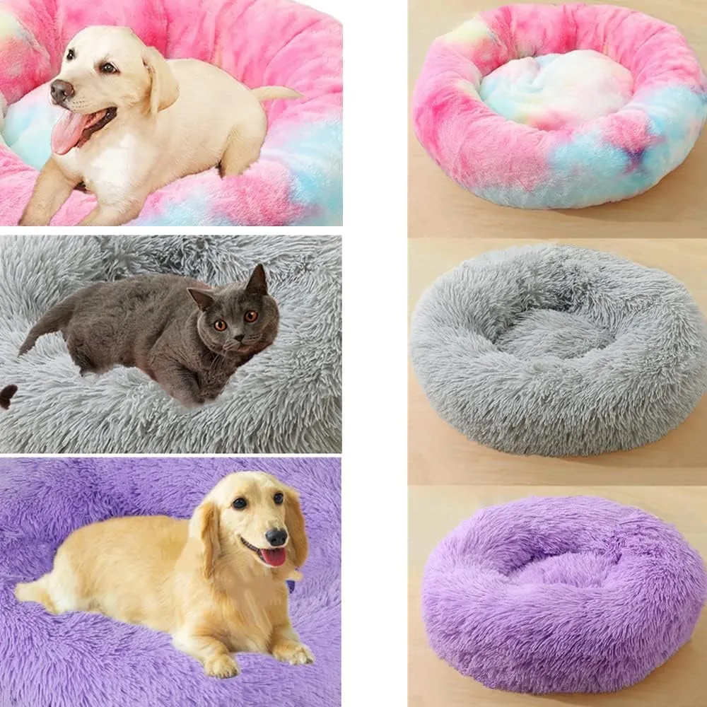 Calming Small Dog Bed & Cat Bed, 16 Inch Donut Fluffy Anti-Anxiety Round Bed Washable Cute Bed, Cuddler Warming Cozy Soft Bed, Plush Cushion Bed for Small Medium Dogs and Cats (Bright Pink)
