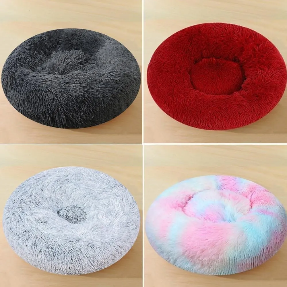 Calming Small Dog Bed & Cat Bed, 16 Inch Donut Fluffy Anti-Anxiety Round Bed Washable Cute Bed, Cuddler Warming Cozy Soft Bed, Plush Cushion Bed for Small Medium Dogs and Cats (Bright Pink)