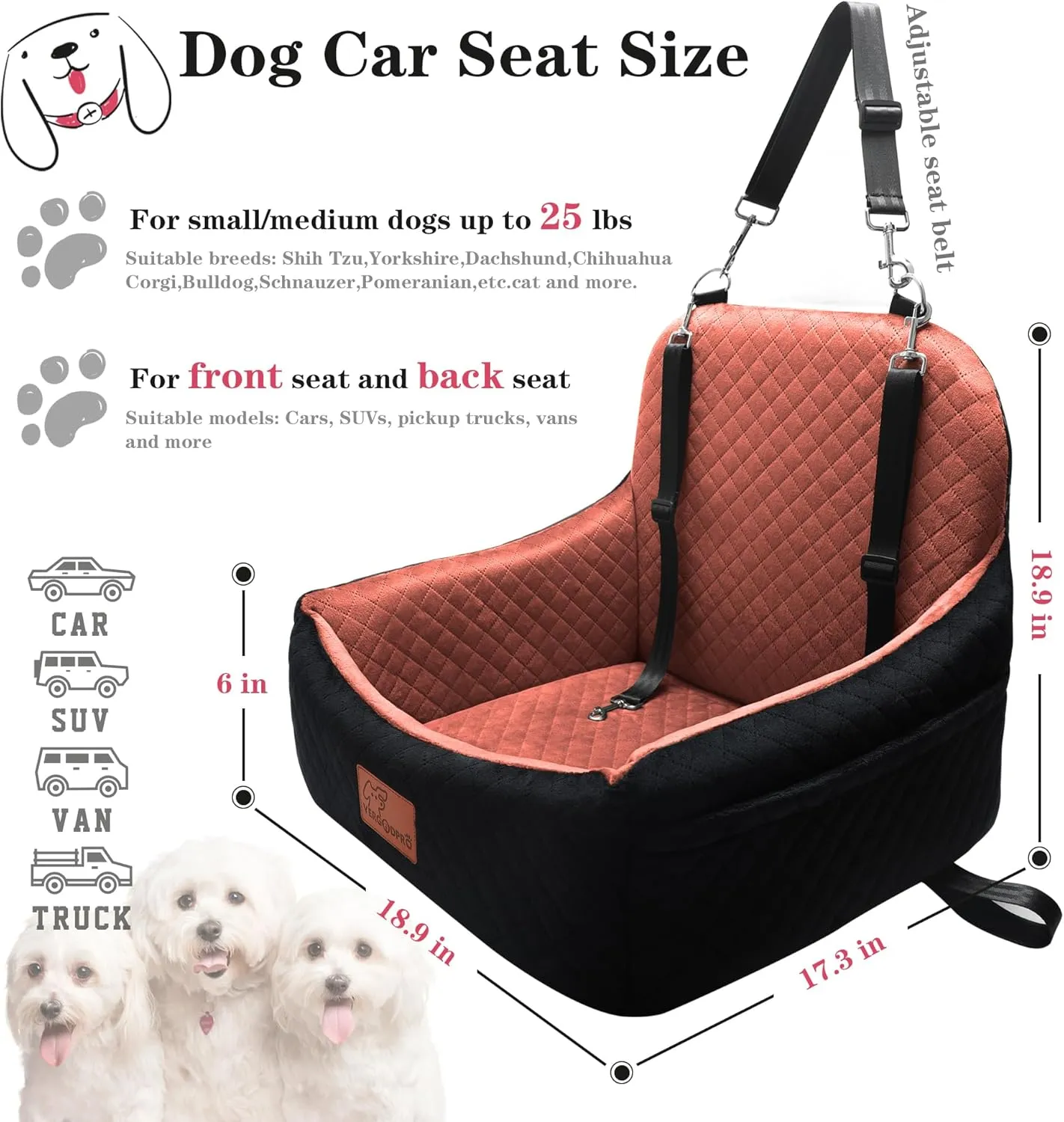 Car Dog Seat,Pet Booster Carseats for Dogs up to 25lbs,Safe and Comfy Puppy Travel Car Bed with Storage Pockets and 2 Safety Belt,Ultra Soft Fabric, Easy to Install,Fully Removable Washable.