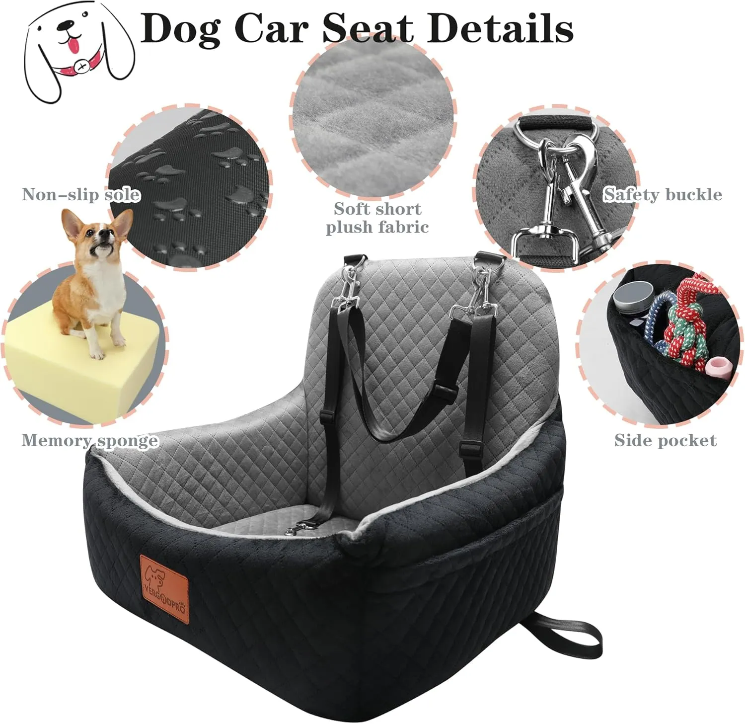 Car Dog Seat,Pet Booster Carseats for Dogs up to 25lbs,Safe and Comfy Puppy Travel Car Bed with Storage Pockets and 2 Safety Belt,Ultra Soft Fabric, Easy to Install,Fully Removable Washable.