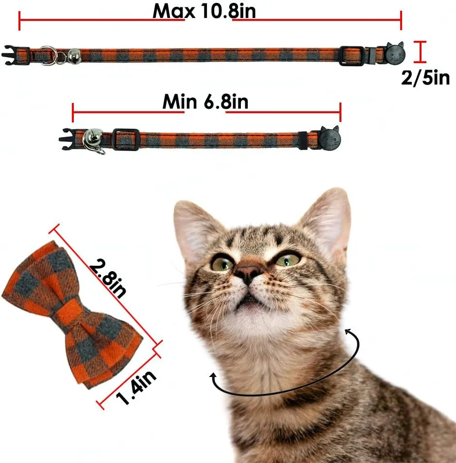 Cat Collar Breakaway with Bell and Bow Tie, Plaid Design Adjustable Safety Kitty Kitten Collars Set of 2 PCS (6.8-10.8in) (Green&Orange Plaid)