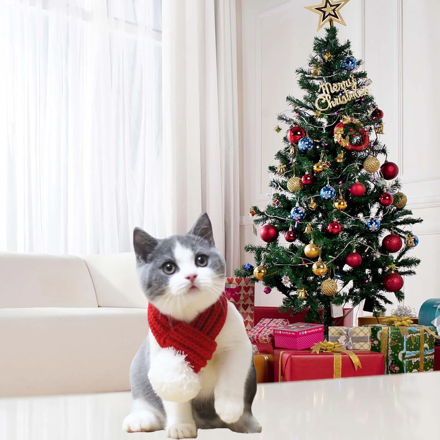 Christmas Santa Scarf for Small to Large Dog,Pet Holiday Party Costume Dog Accessories (L, Red)