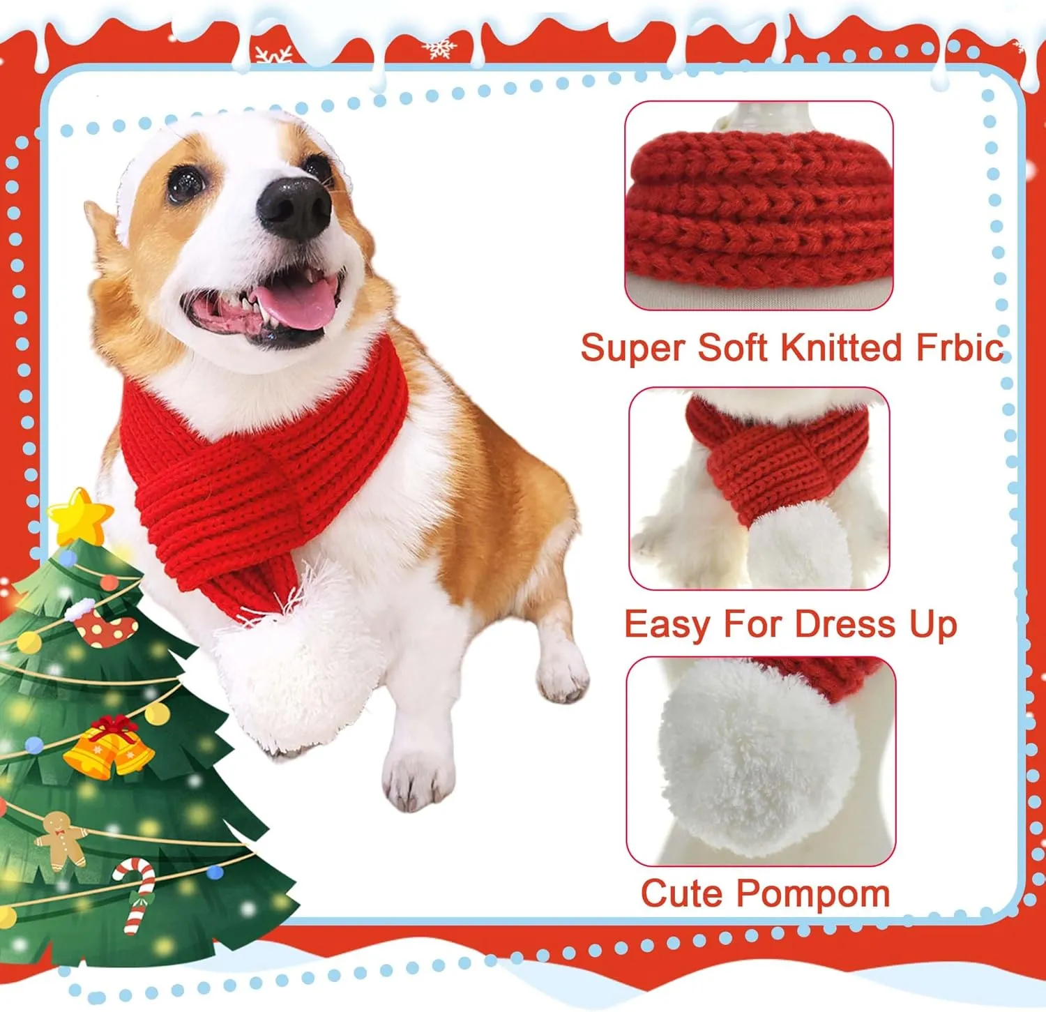 Christmas Santa Scarf for Small to Large Dog,Pet Holiday Party Costume Dog Accessories (L, Red)