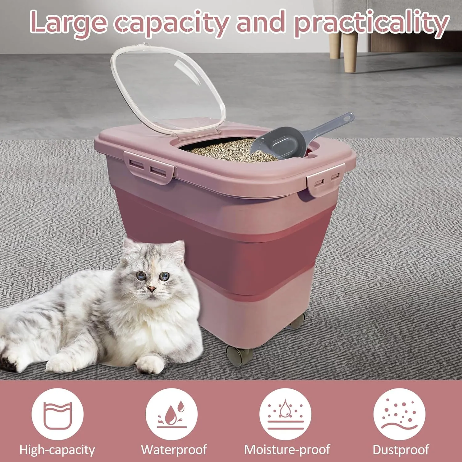 Collapsible Cat Litter Storage Container with Rolling Casters,20 Lbs Cat Litter Storage with Wheels,Airtight Lids,Cat Litter Shovel,Portable Cat Litter Storage Bin Container,BPA Free (Pink)