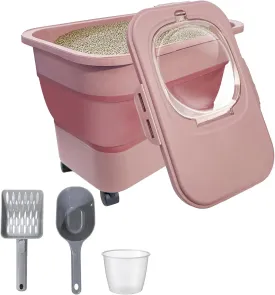 Collapsible Cat Litter Storage Container with Rolling Casters,20 Lbs Cat Litter Storage with Wheels,Airtight Lids,Cat Litter Shovel,Portable Cat Litter Storage Bin Container,BPA Free (Pink)