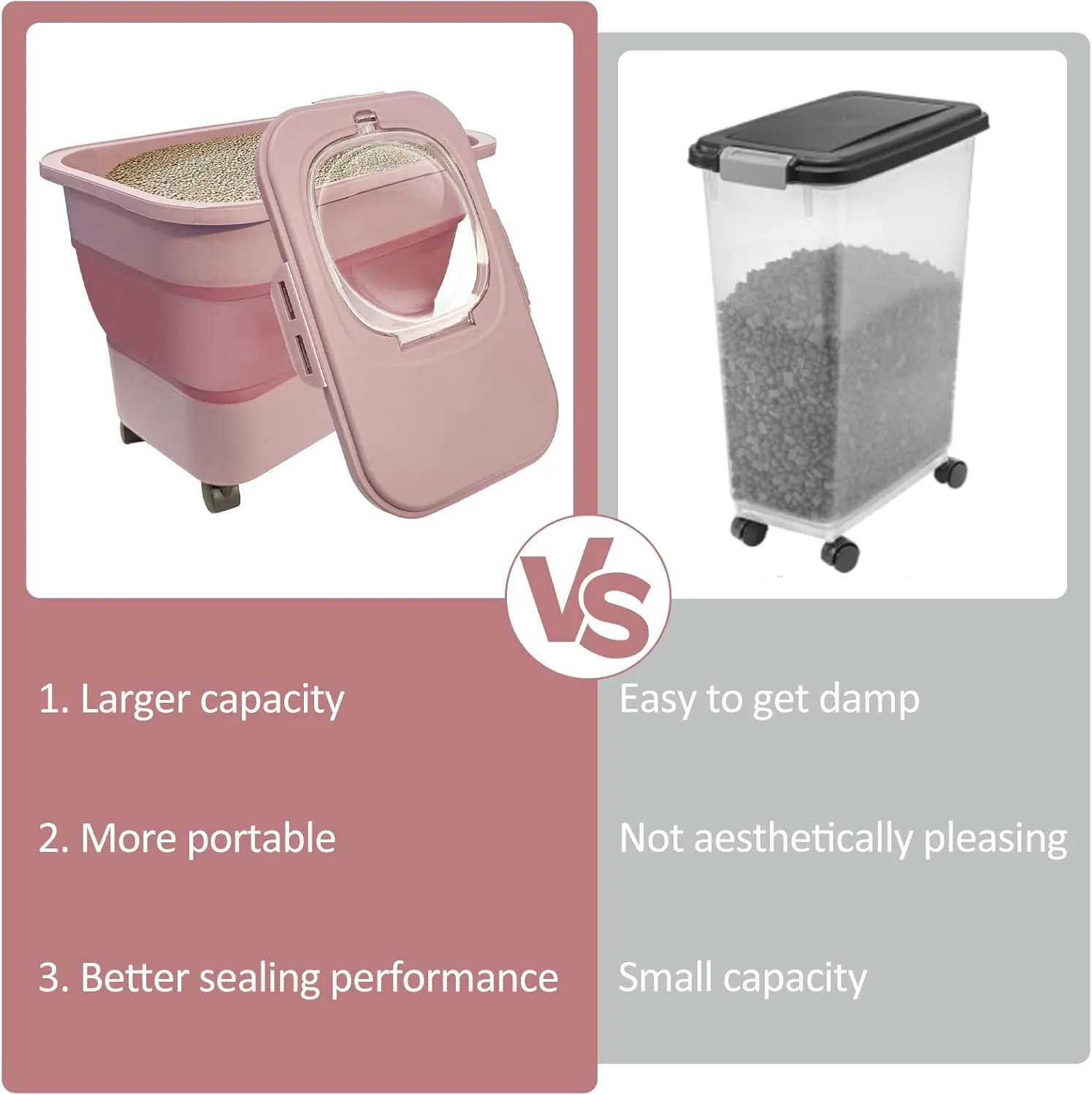 Collapsible Cat Litter Storage Container with Rolling Casters,20 Lbs Cat Litter Storage with Wheels,Airtight Lids,Cat Litter Shovel,Portable Cat Litter Storage Bin Container,BPA Free (Pink)