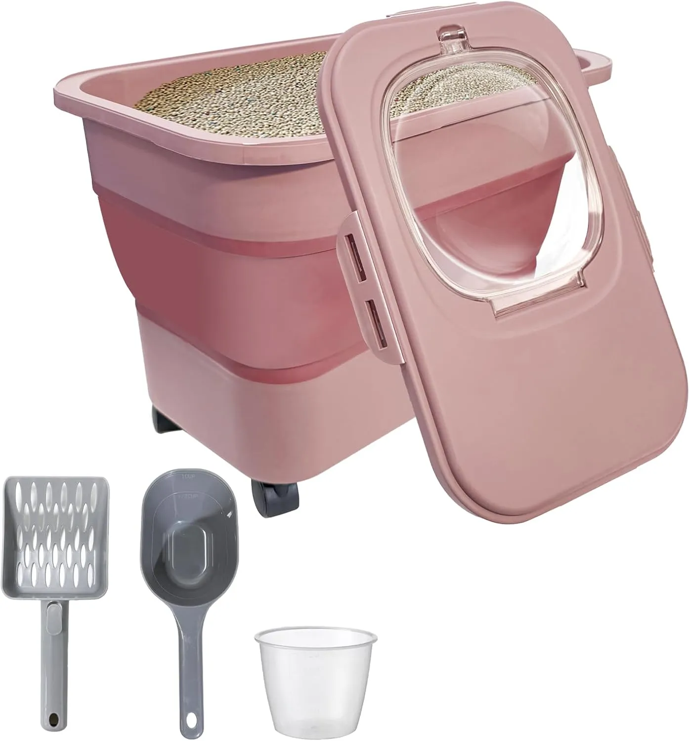 Collapsible Cat Litter Storage Container with Rolling Casters,20 Lbs Cat Litter Storage with Wheels,Airtight Lids,Cat Litter Shovel,Portable Cat Litter Storage Bin Container,BPA Free (Pink)