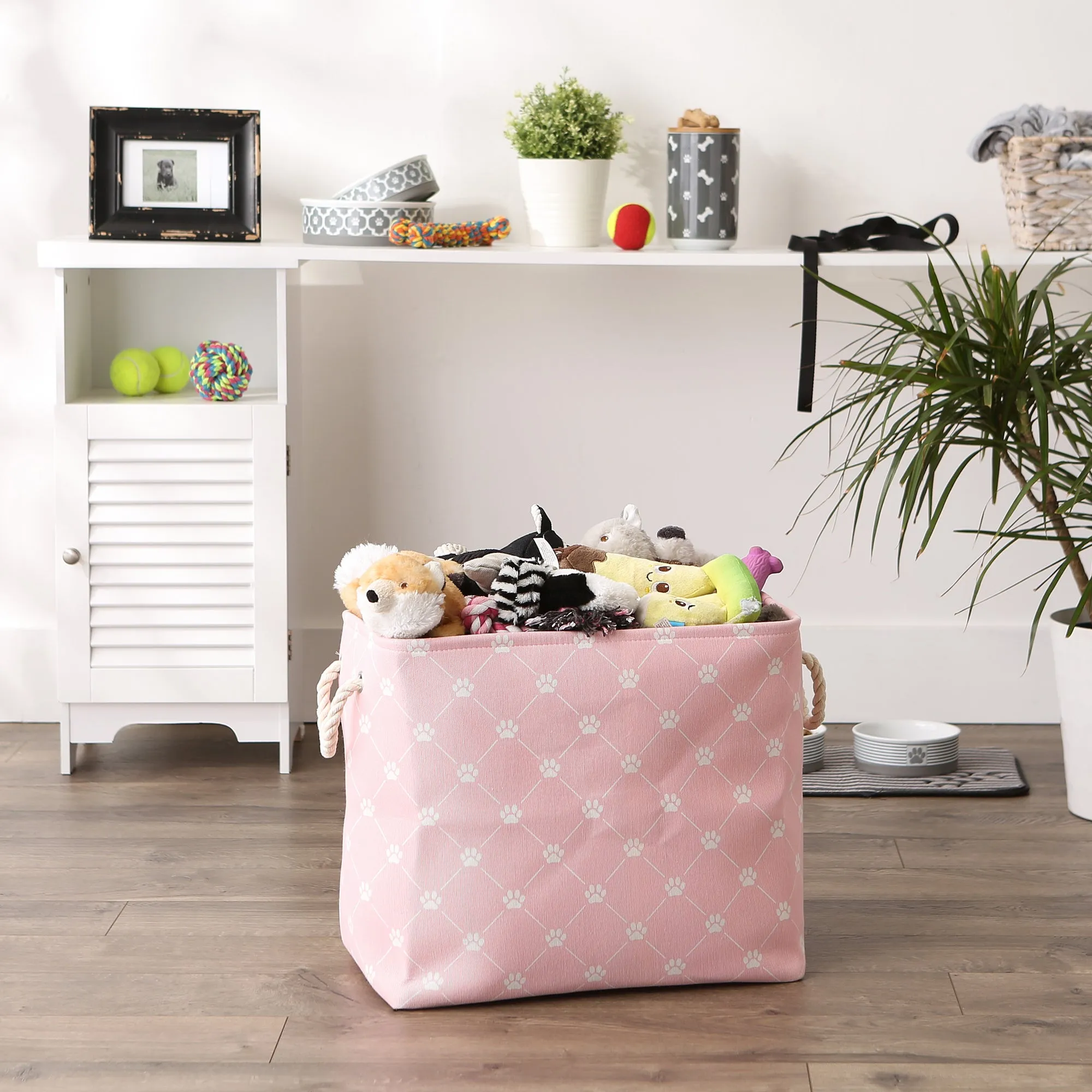 Collapsible Pet Storage Bin, Trellis Paw Print, Pink, Large - 17.5x12x15"