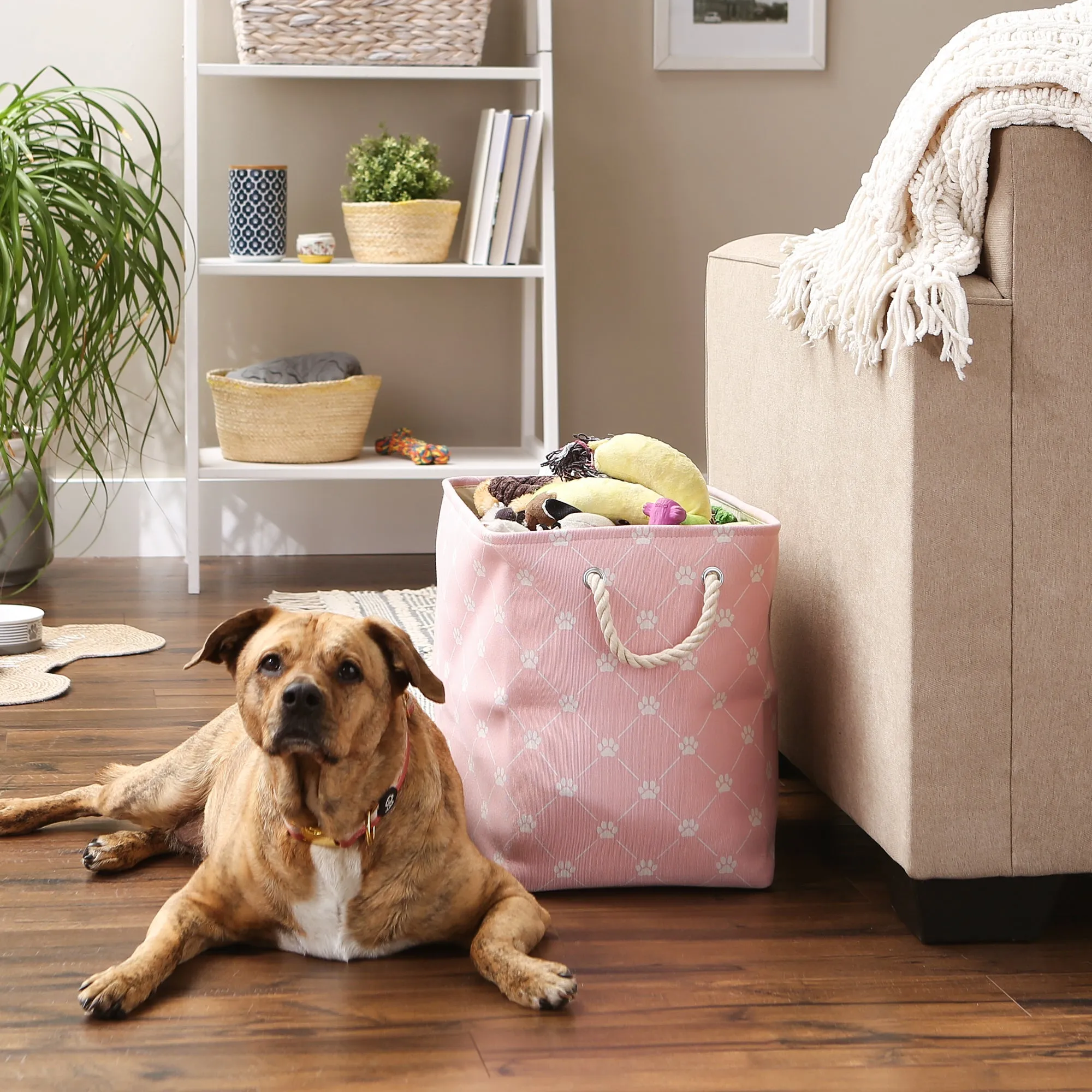 Collapsible Pet Storage Bin, Trellis Paw Print, Pink, Large - 17.5x12x15"