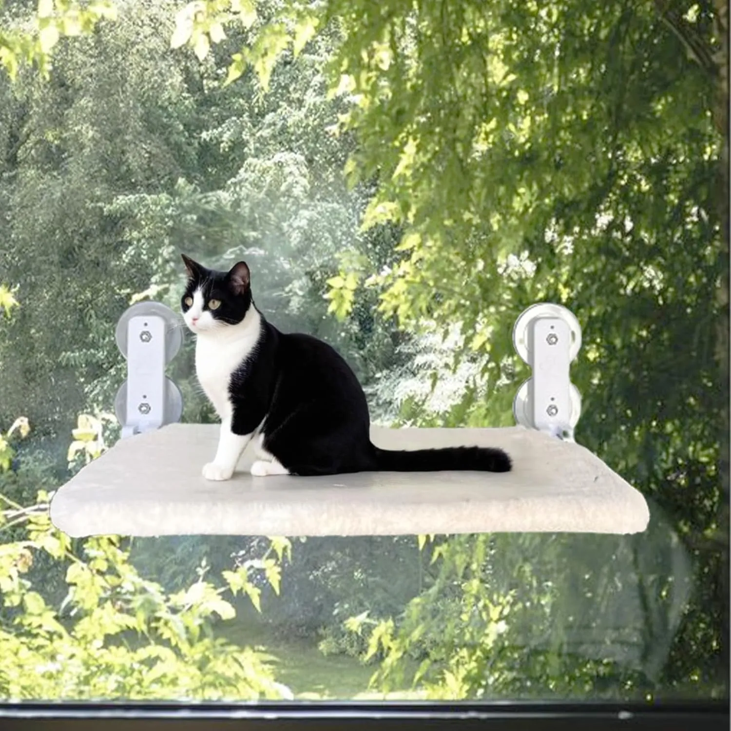 Cordless Cat Hammock, Cat Window Perch with 4 Suction Cups and Sturdy Metal Frame, Space-Saving Foldable Cat Beds for Indoor Large CatsBeige, L