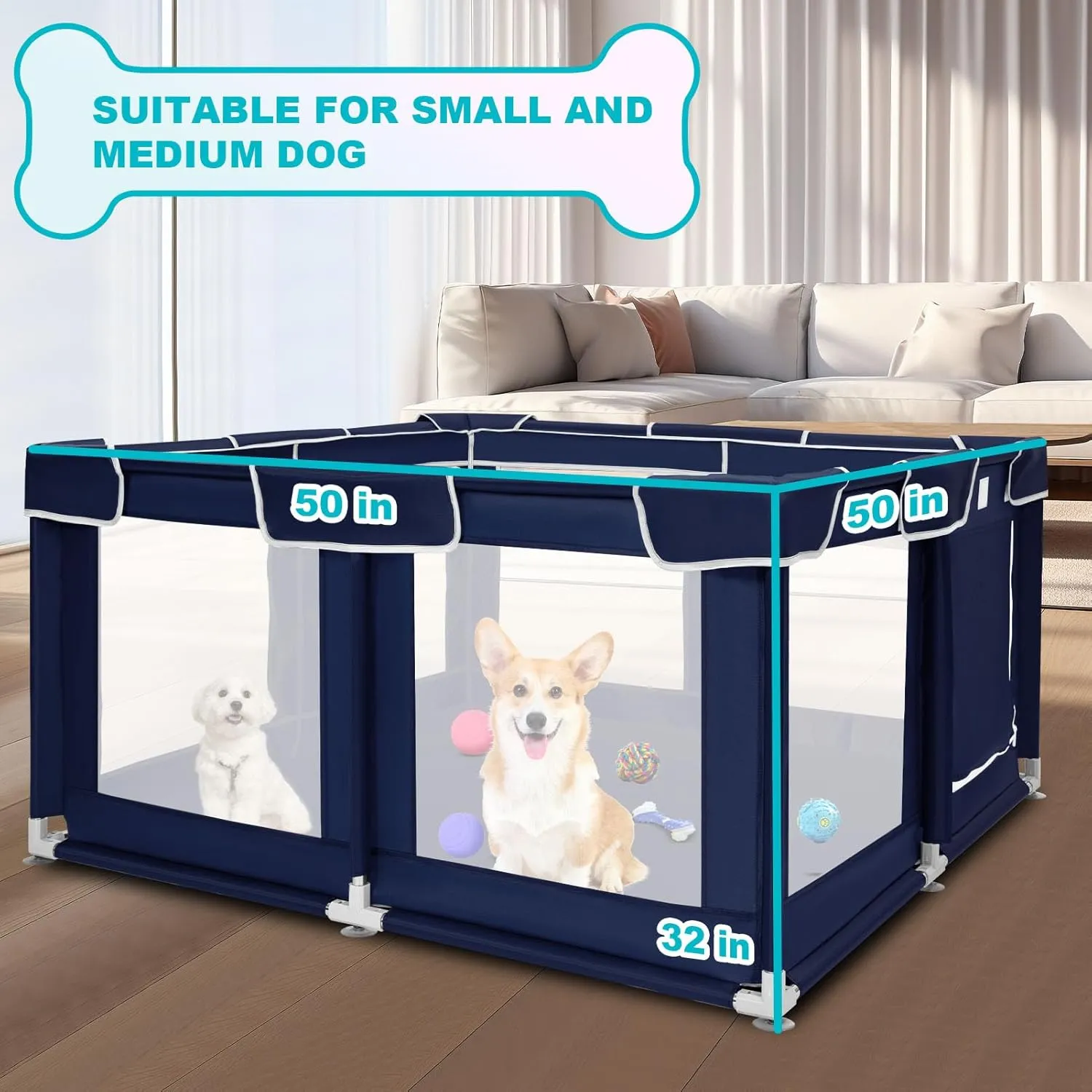 Dog Playpen 50  50 inch, Puppy Playpen with Bottom, 32 Inch Height Pet Playpen